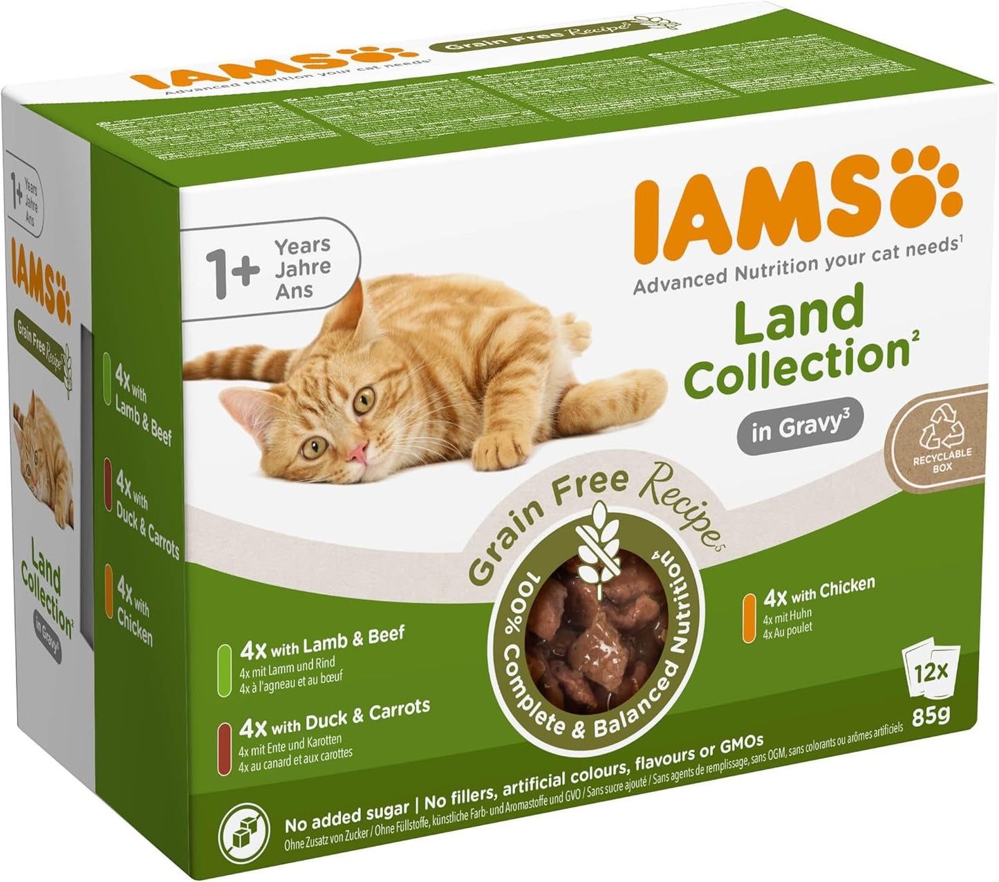 IAMS Delights Land Collection Kornfrit våd kattefoder - Kødsortspakke Multipack Kornfrit vådfoder til katte 1 år og derover 12 x 85 g