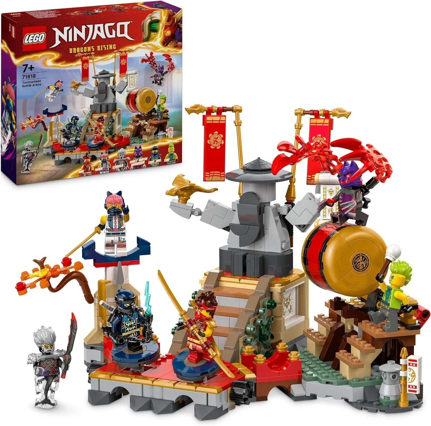 LEGO NINJAGO Tournament Arena Eventyrlegetøj til børn 6 minifigurer Ninja-legesætsamling Byggesæt Fødselsdagsgave til 7-årige drenge og piger 71818 Byggesæt Besuche den LEGO-Store Standardtitel