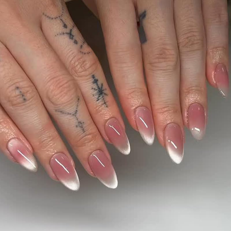 Moonglow korte magnetiske falske negle, pink mandelrød gradient glitter katteøje med lim, pink rød ombre glitter fototerapi kunstige negle til kvinder og piger