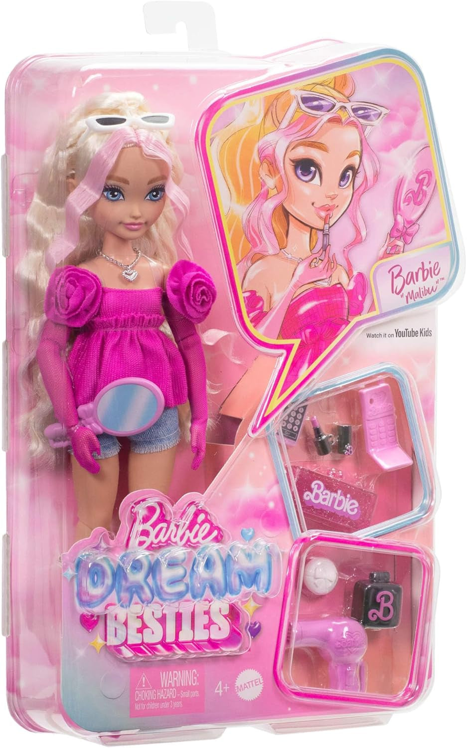 Barbie Dream Besties Puppe og tilbehør, bewegliche Barbie Malibu“ Modepuppe mit welligem blonde Haar, 11 Teile zum Thema Make-up og Haar, HYC21