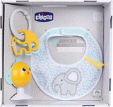 Chicco måltidsgavesæt Dou Dou, hagesmæksæt, højstolslegetøj med sugekop i form af en sød kylling, med to farverige rangler, let at fange fra 6 måneder Babylegetøj Naty Shop Standardtitel
