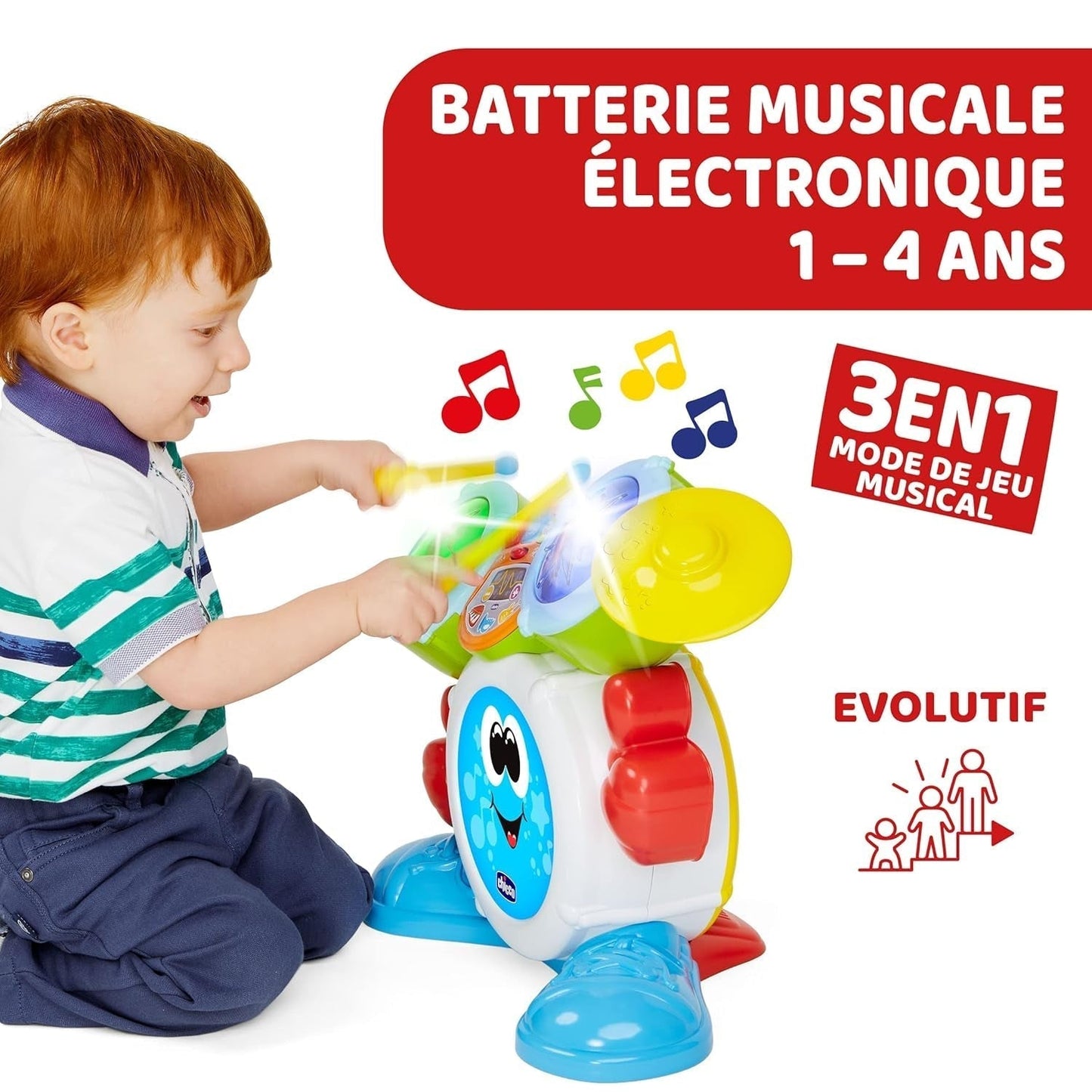 Chicco 00009820100000 Mi First trommesæt med lys og lyde, 3 spilletilstande Musikinstrument med batteri til børn, flerfarvet, stor Jucarii Bebe Naty Shop