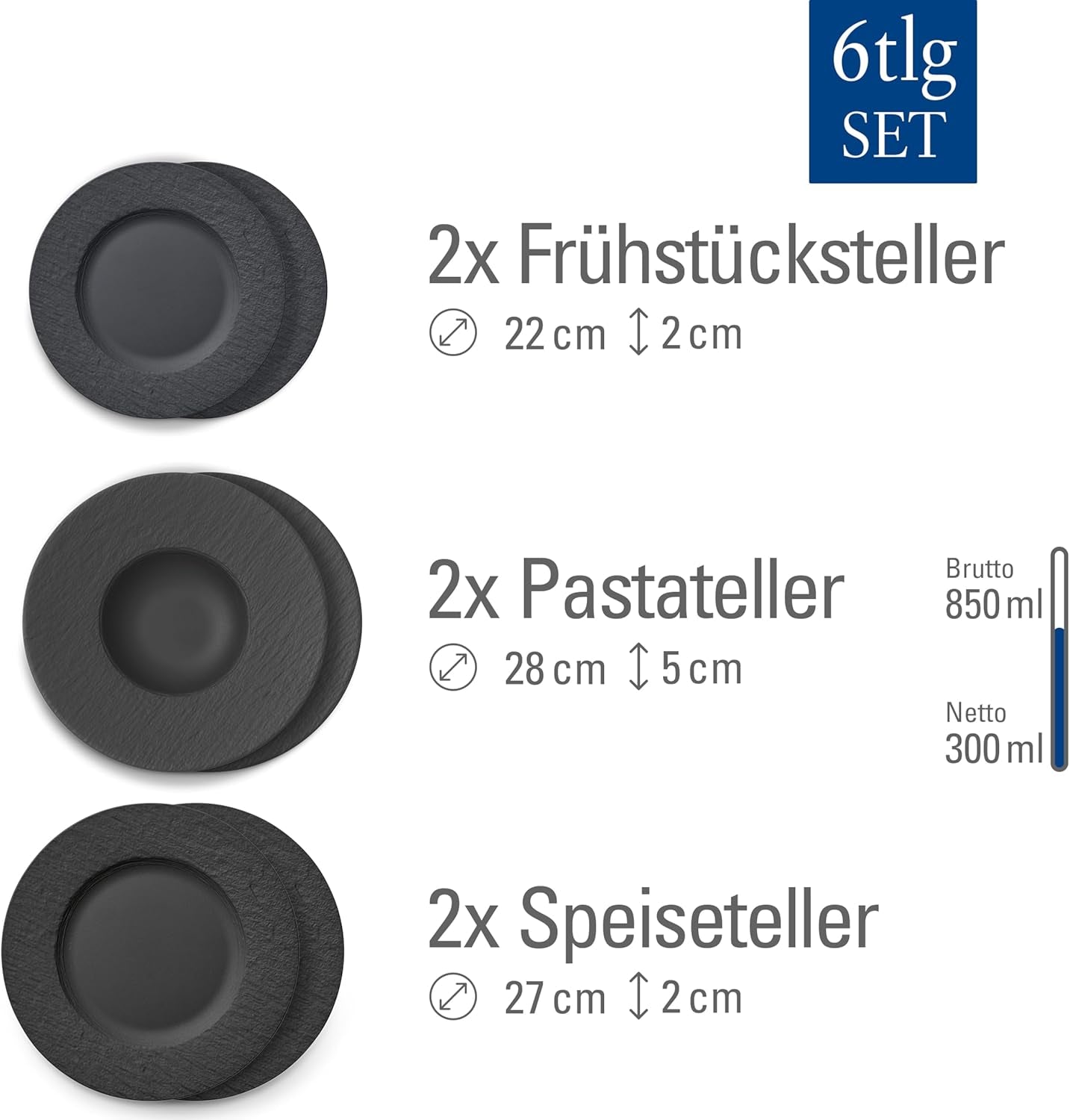 Villeroy & Boch - Manufacture Rock Spisesæt, 6 dele, Spisesæt til 2, Premium Porcelæn, Sort