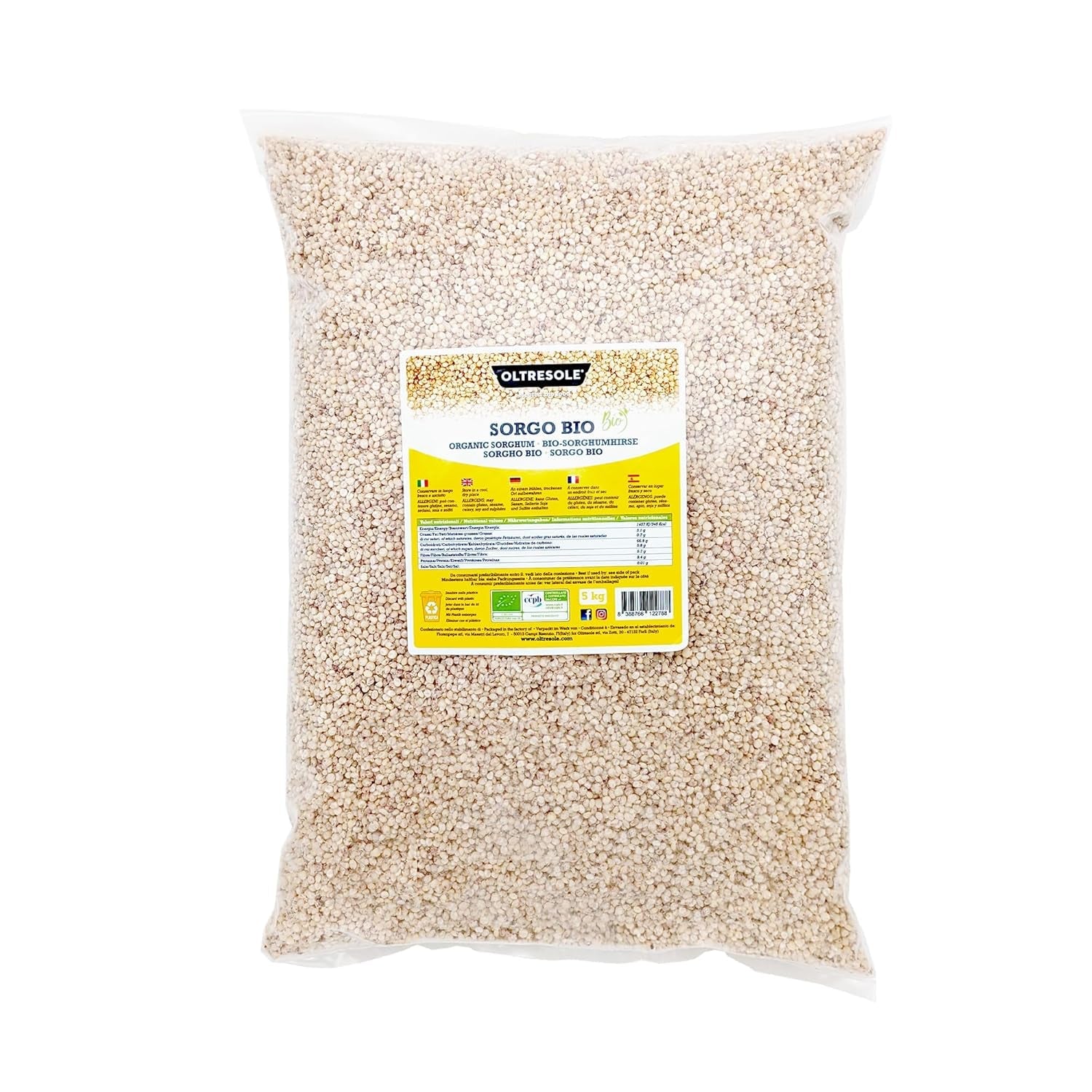 Økologisk hvid sorghum, 1 kg, afskallet, råkorn, økologisk dyrket i Italien, ideel pakke til familien