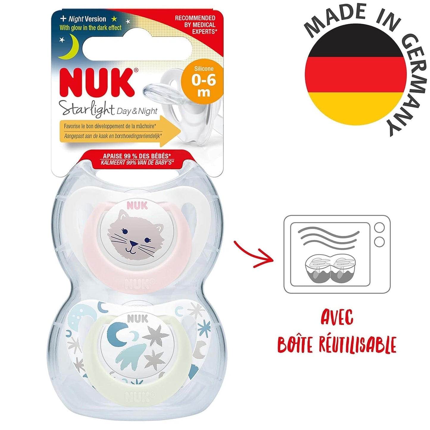 NUK Star Night & Day baby sut 0-6 måneder Glow in the Dark BPA-fri silikone Pink Cat 2 pakke