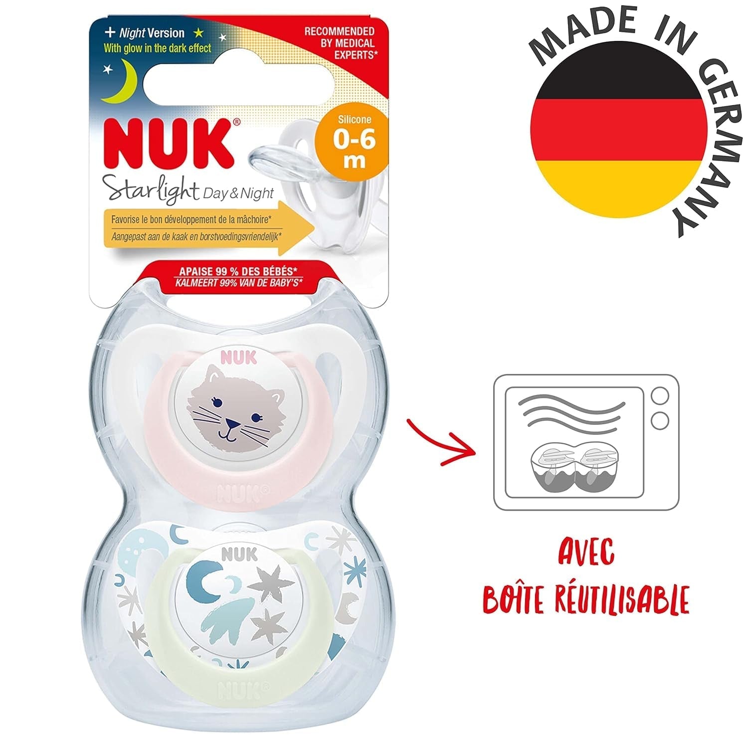 NUK Star Night & Day baby sut 0-6 måneder Glow in the Dark BPA-fri silikone Pink Cat 2 pakke