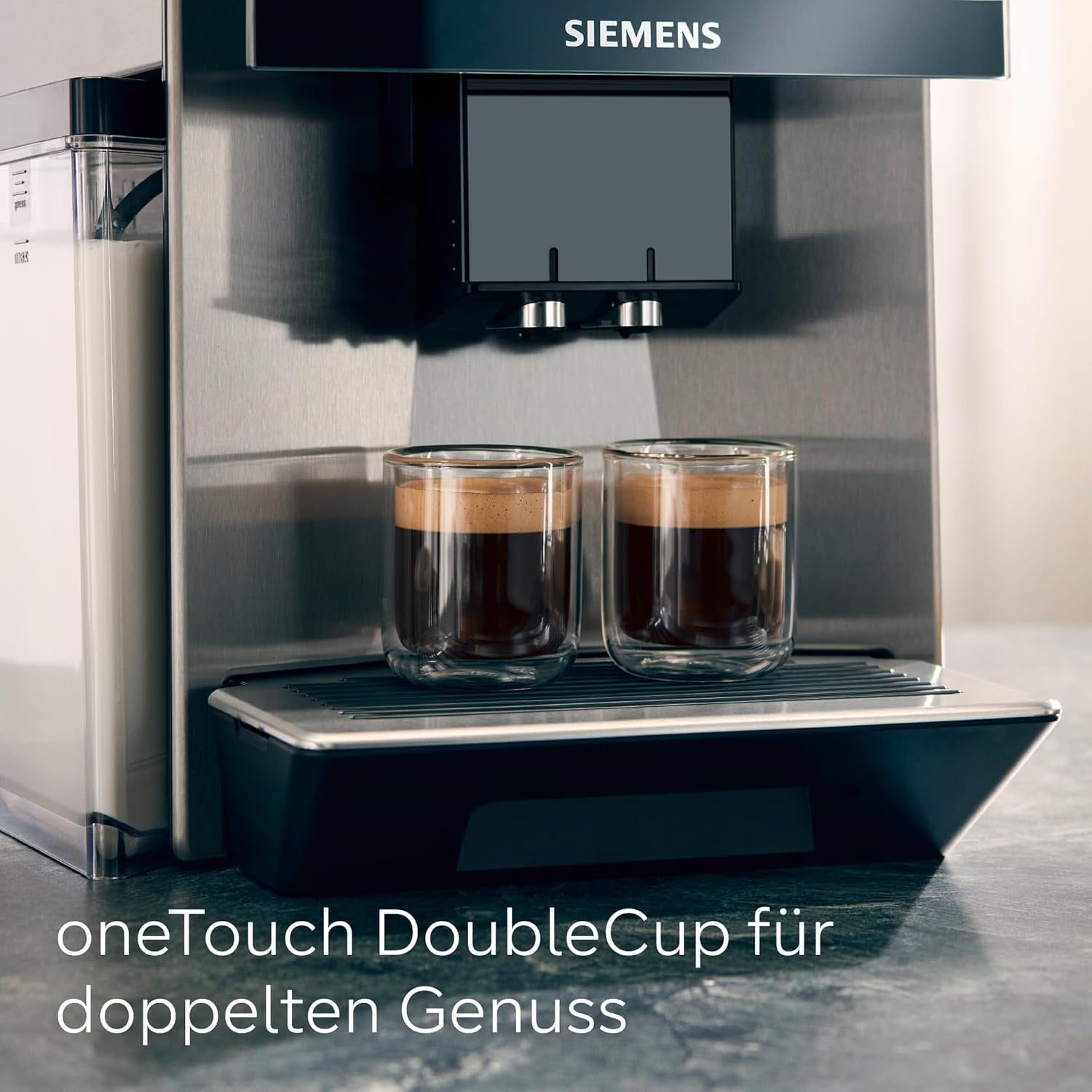 Siemens EQ900 automatisk espressomaskine, stor TFT-farveskærm, 2 bønnebeholdere, 36 varme og kolde drikke, kold kaffe, super støjsvag, to kopsfunktion, appkontrol, rustfrit stål, TQ907D03