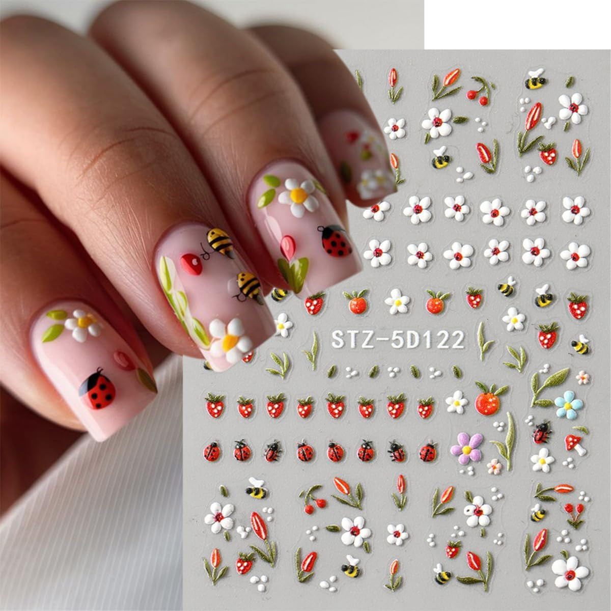 JMEOWIO 3D Nagelsticker Blumen Frucht Nail Art Sticker Selbstklebend Nagelaufkleber 5D Stereoskopisk Dekoration Nageldesign Tilbehør 4 Blatt