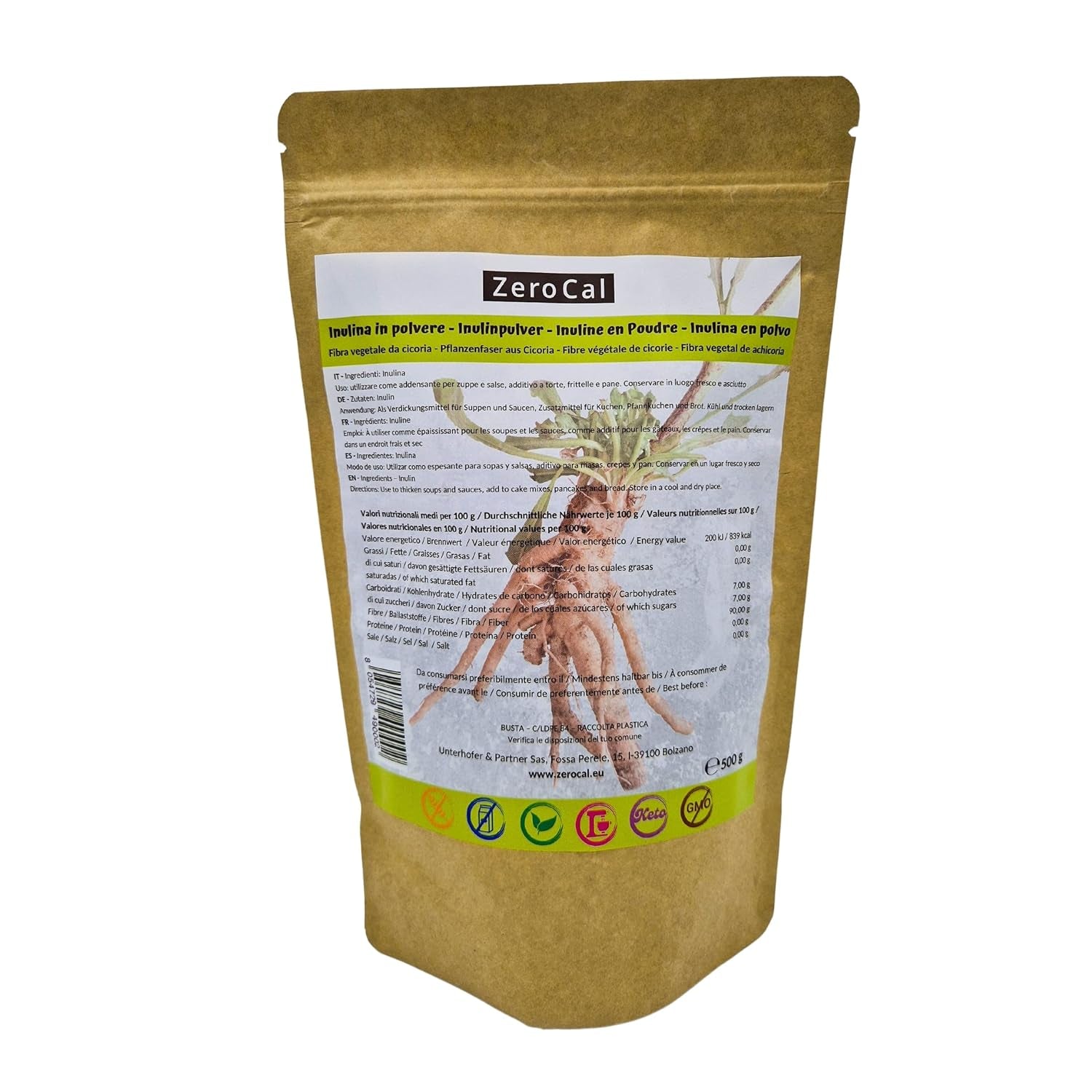 Zerocal - Inulinpulver fra cikorie-Wurzel 500 G | Inulin Mit Hohem Ballaststoffgehalt |100% Vegan Und Glutenfrei |Herkunft Deutschland Sweeteners Naty Shop Standardtitel