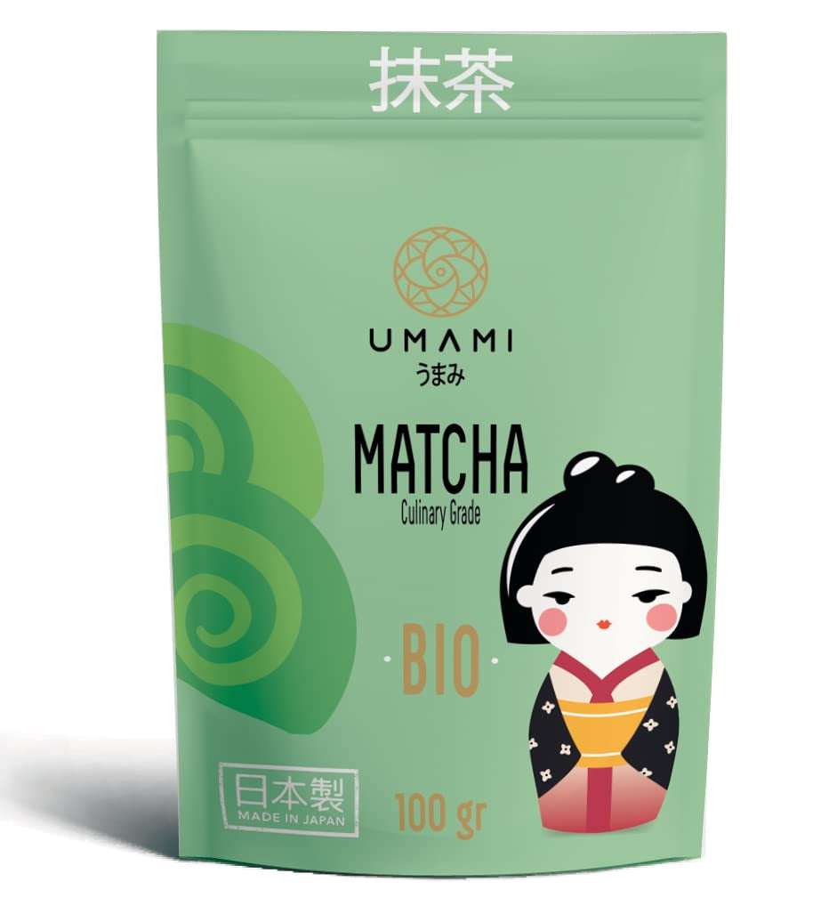 Umami Bio Matcha Grøn te-pulver - kulinarisk kvalitet, dyrket i Uji, Kyoto (Japan) fra økologisk landbrug. Fremragende til at drikke eller til madlavning i køkkenet 100 g...