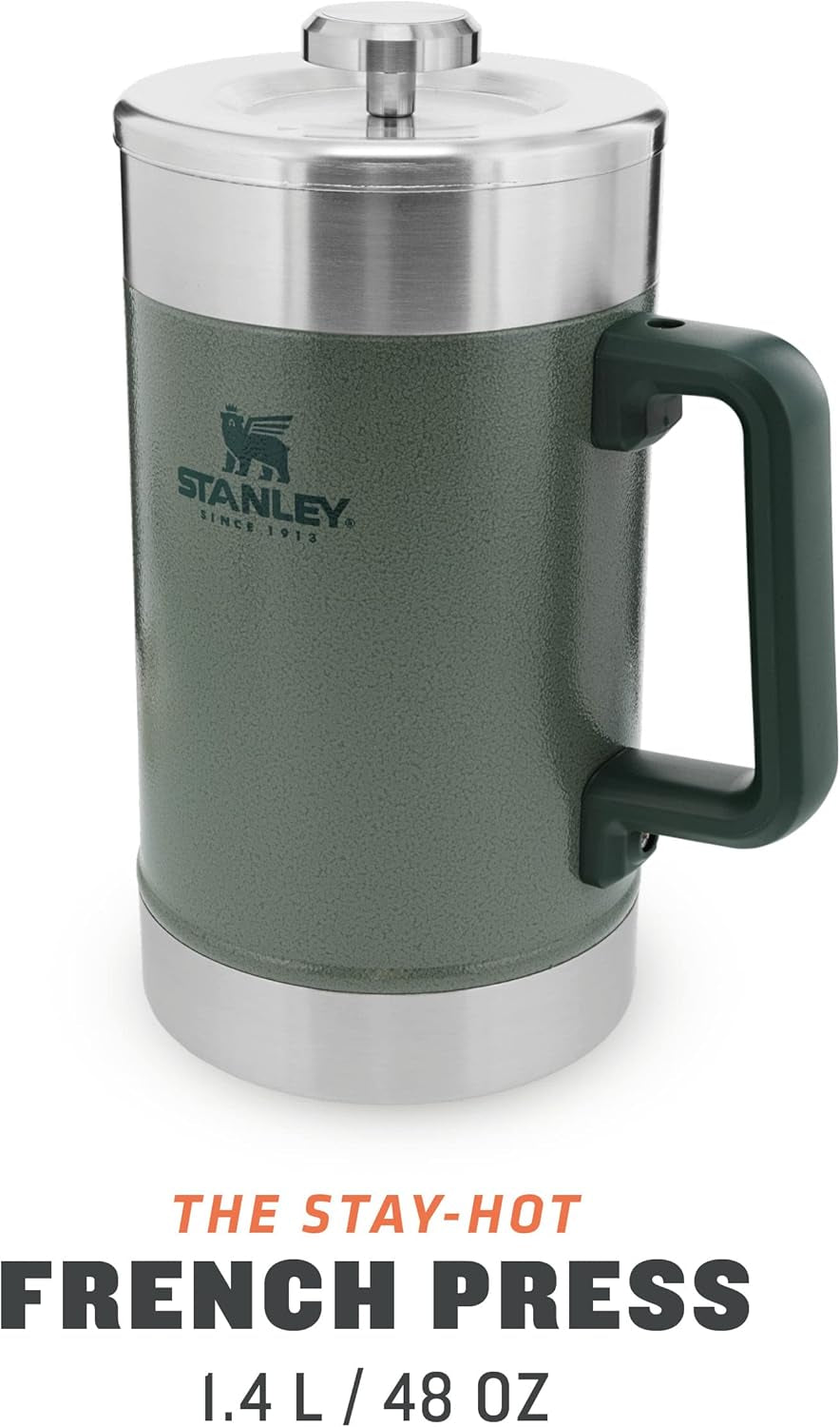 STANLEY Classic Stay Hot Coffee Press 1,4L Hammertone Green - Holder kaffen varm i 4 timer - Minimalt bundfald - Integreret kaffepresse i rustfrit stål - BPA fri - Tåler opvaskemaskine