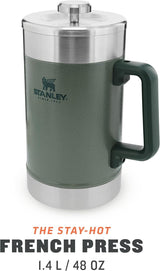 STANLEY Classic Stay Hot Coffee Press 1,4L Hammertone Green - Holder kaffen varm i 4 timer - Minimalt bundfald - Integreret kaffepresse i rustfrit stål - BPA fri - Tåler opvaskemaskine