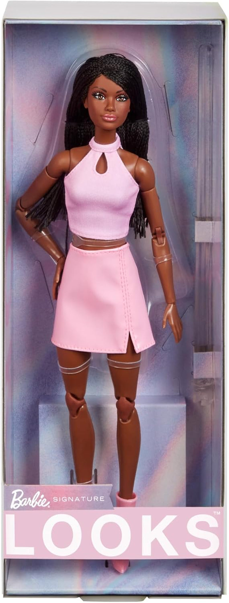 Barbie Looks dukke, samlerfigur nr. 21 med flettet sort hår og moderne Y2K mode, pink grime top og imiteret læder nederdel med støvler, HRM13 Naty Shop Dolls Standard titel