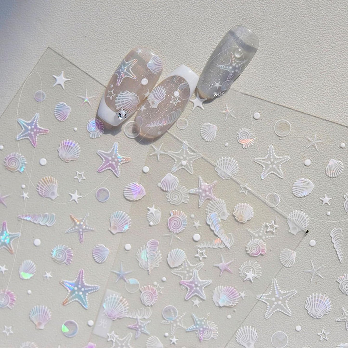 JMEOWIO 3D Nagelsticker Aurora Muschel Seestern Nail Art Sticker Selbstklebend Nagelaufkleber 5D Stereoskopisk Ozean Tema Dekoration Nageldesign Tilbehør 1 Blatt