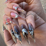 Moonglow Lange Negle Stiletto Mælkehvid Pink Gradient Glitter Cool falske negle med lim Pink Ombre Glitter Kunstige negle