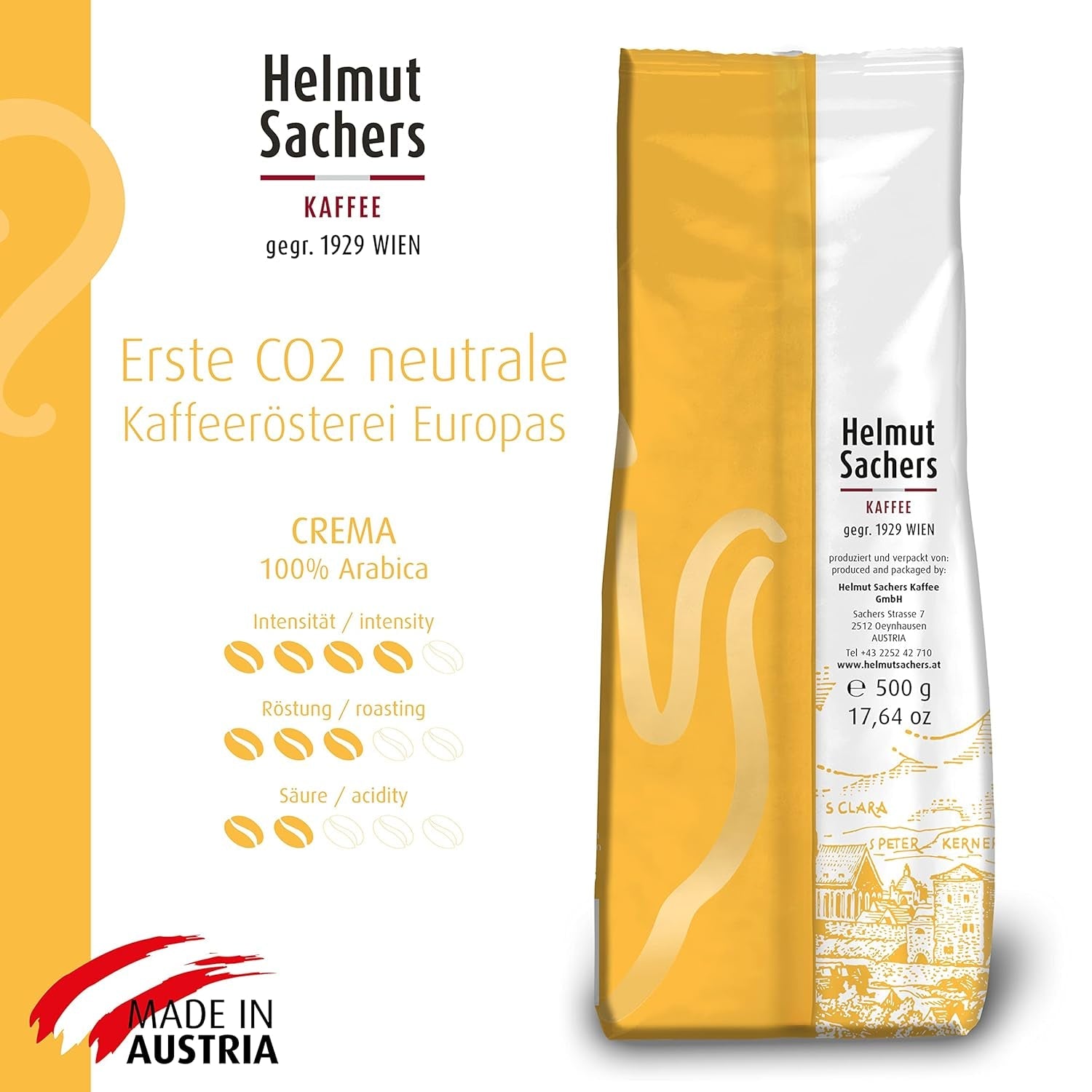 Helmut Sachers kaffe - creme, styrke 4/5, 100 % Arabica, hele kaffebønner, 6 x 500 g