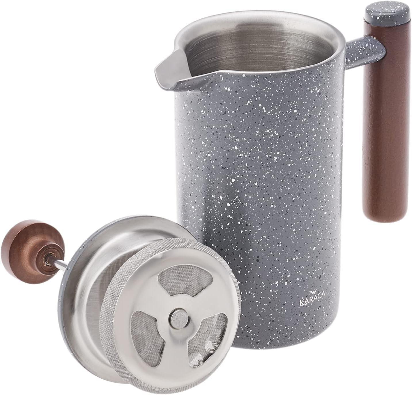 KARACA marmor dobbeltvæg fransk presse med kastanjehåndtag - Isoleret fransk presse til kaffe - Hjemmerejse Camping kaffemaskine - 350 ml - Mørkegrå