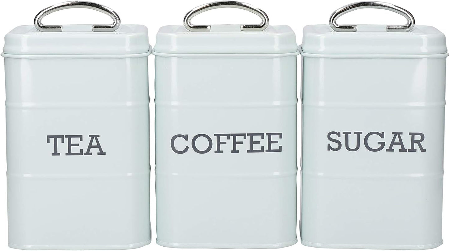 KitchenCraft Living Nostalgi Sæt med 3 Te Sukker Kaffe Opbevaringskrukker i gaveæske Stål Antik Creme 11 cm x 11 cm x 17 cm Vintage Blå Mad Opbevaringsbokse Naty Shop Antique Cream