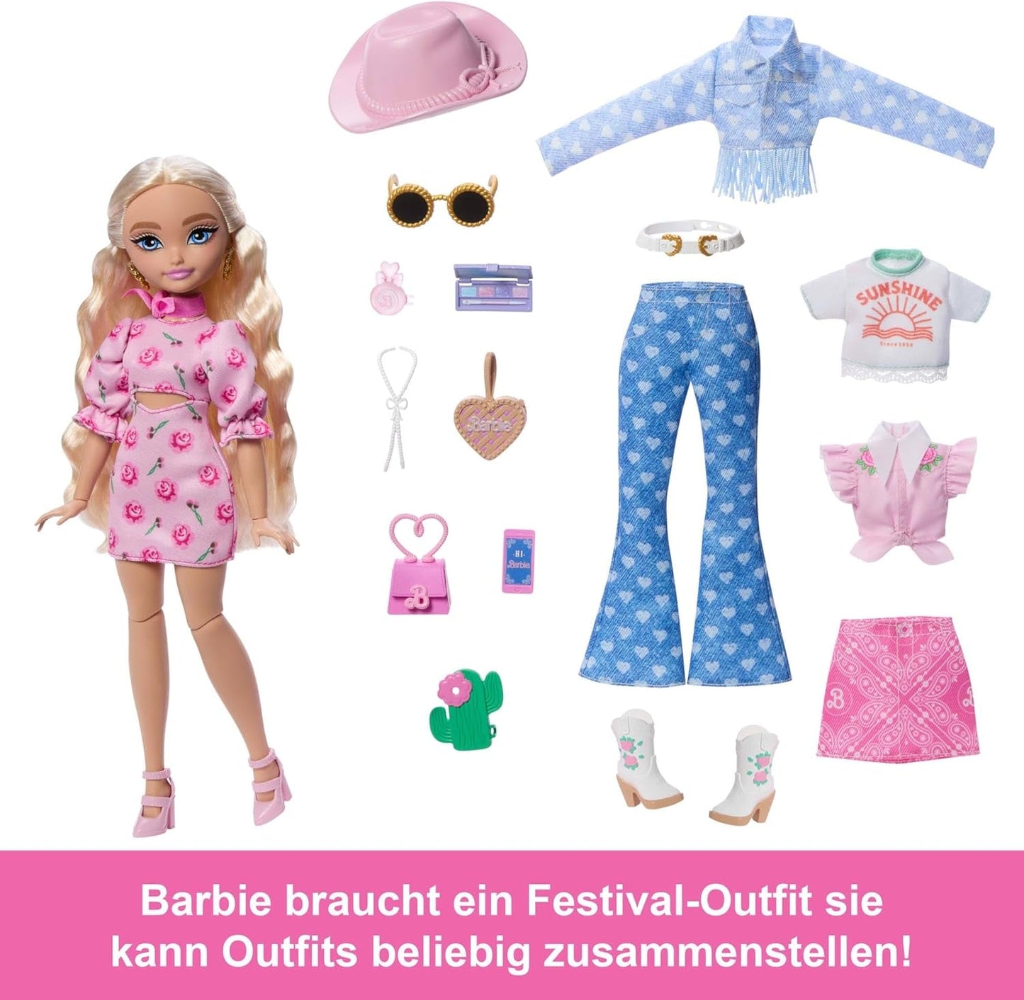 Barbie Dream Besties Festival Looks Set, med Barbie Malibu dukke med langt blondt hår til styling og over 10 aftageligt tøj og tilbehør, JGH87