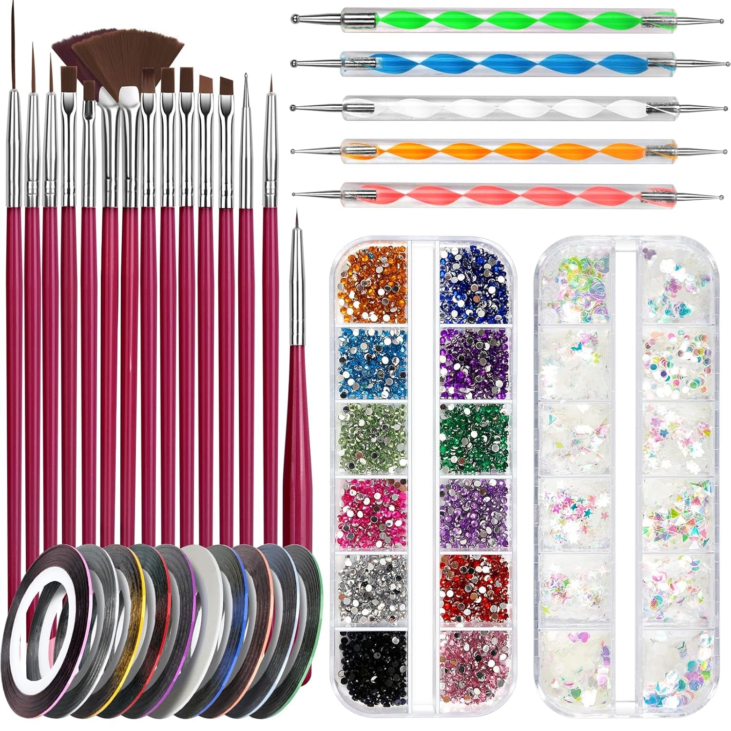 FANDAMEI Nail Art Brush Set, 15 Stücke Pinsel Für Gelnägel Nagel Pinsel, 5 Stücke Dotted Pen, 10 Rolle Streifenband Nägel, Strasssteine ​​​​Nägel, Ultra Dünn Nagel Paillettes Für Nagelkunst Maniküre Set