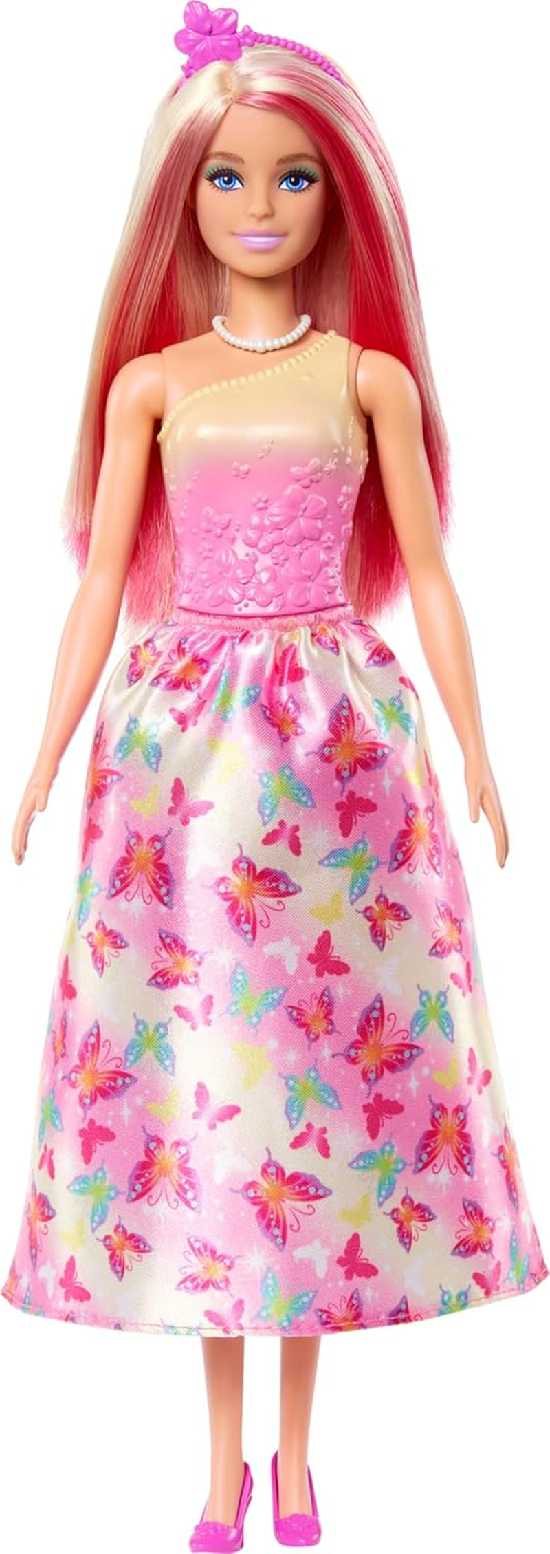 Royal Barbie Doll med lyst og pink lyst hår, farverigt tilbehør, pink gradient top og sommerfugle nederdel, HRR08 Naty Shop Dolls