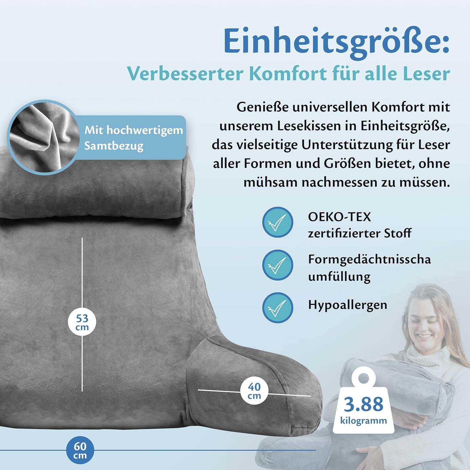 Ella læsepude til seng og sofa med aftagelig nakkerulle - Rygpude til seng - Memory Foam læsepude med armlæn, ideel til at læse, se tv, slappe af eller som rygstøtte - Grå