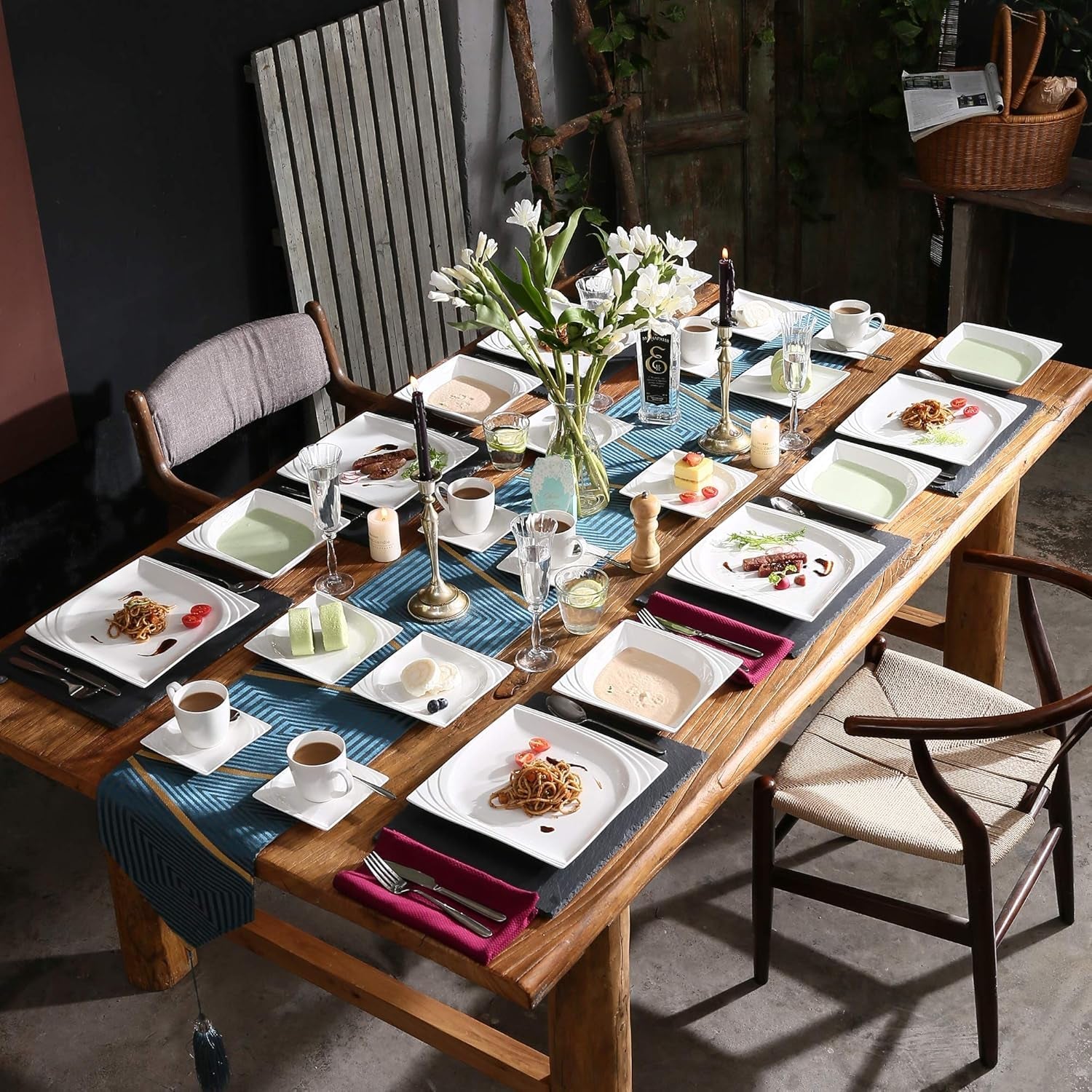 MALACASA, Monica Series, Servicesæt til 12 personer, Hvid-creme porcelæn, Kombineret service med 12 kaffekopper, 12 underkopper, 12 desserttallerkener, 12 middagstallerkener og 12 middagstallerkener