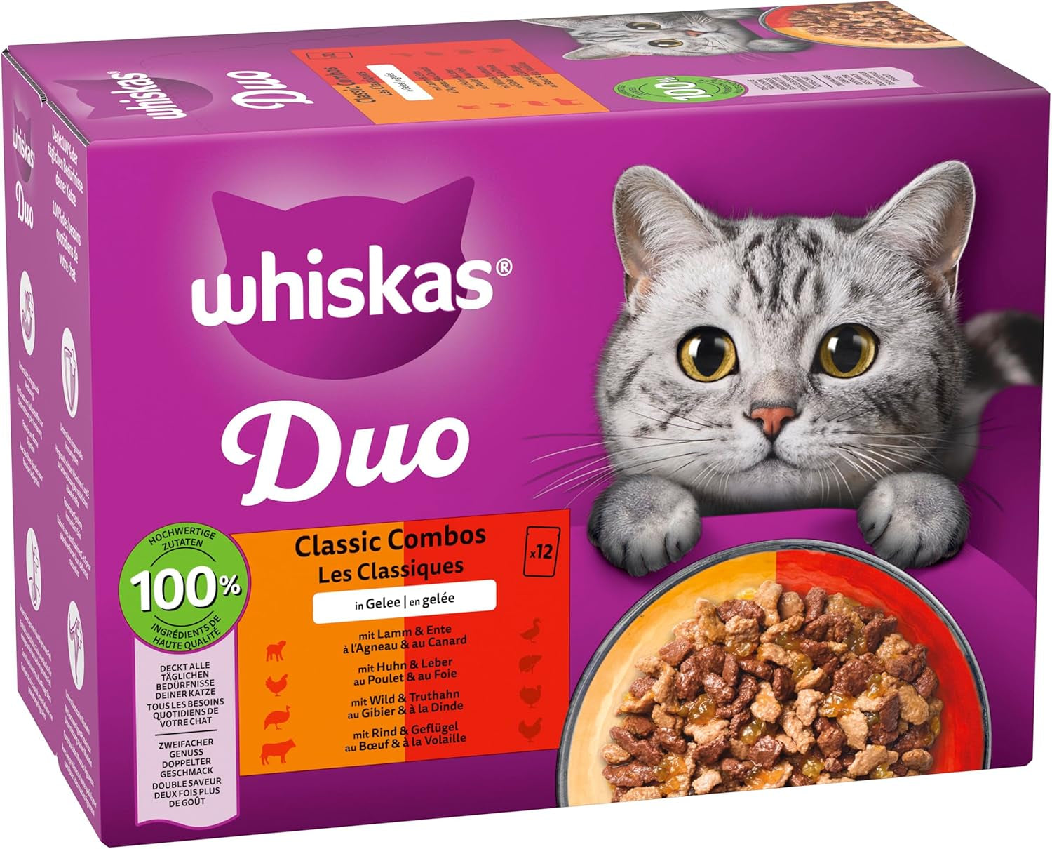 WHISKAS Duo-poser til vådfoderportioner, multipakke, klassisk kombination i gelé, 12 x 85 g