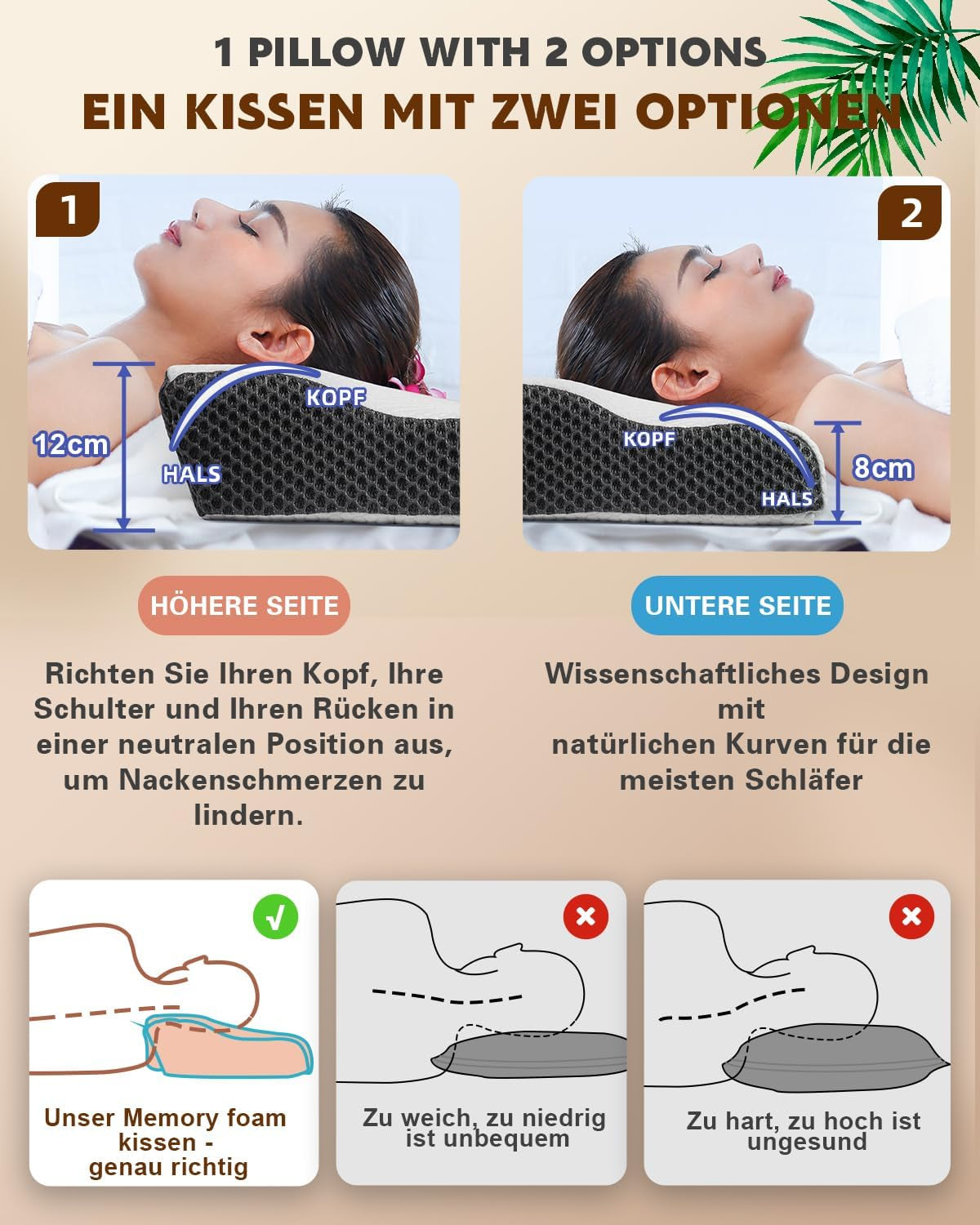 Nakkesmertepude, Ergonomisk ortopædisk Nakkepude, Side Back Abdominal Memory Foam Pude, Anti Snorken Pude til Mænd Kvinder (62 * 34,5 * 12/8CM) Cervikal Ortopædiske Puder Naty Shop