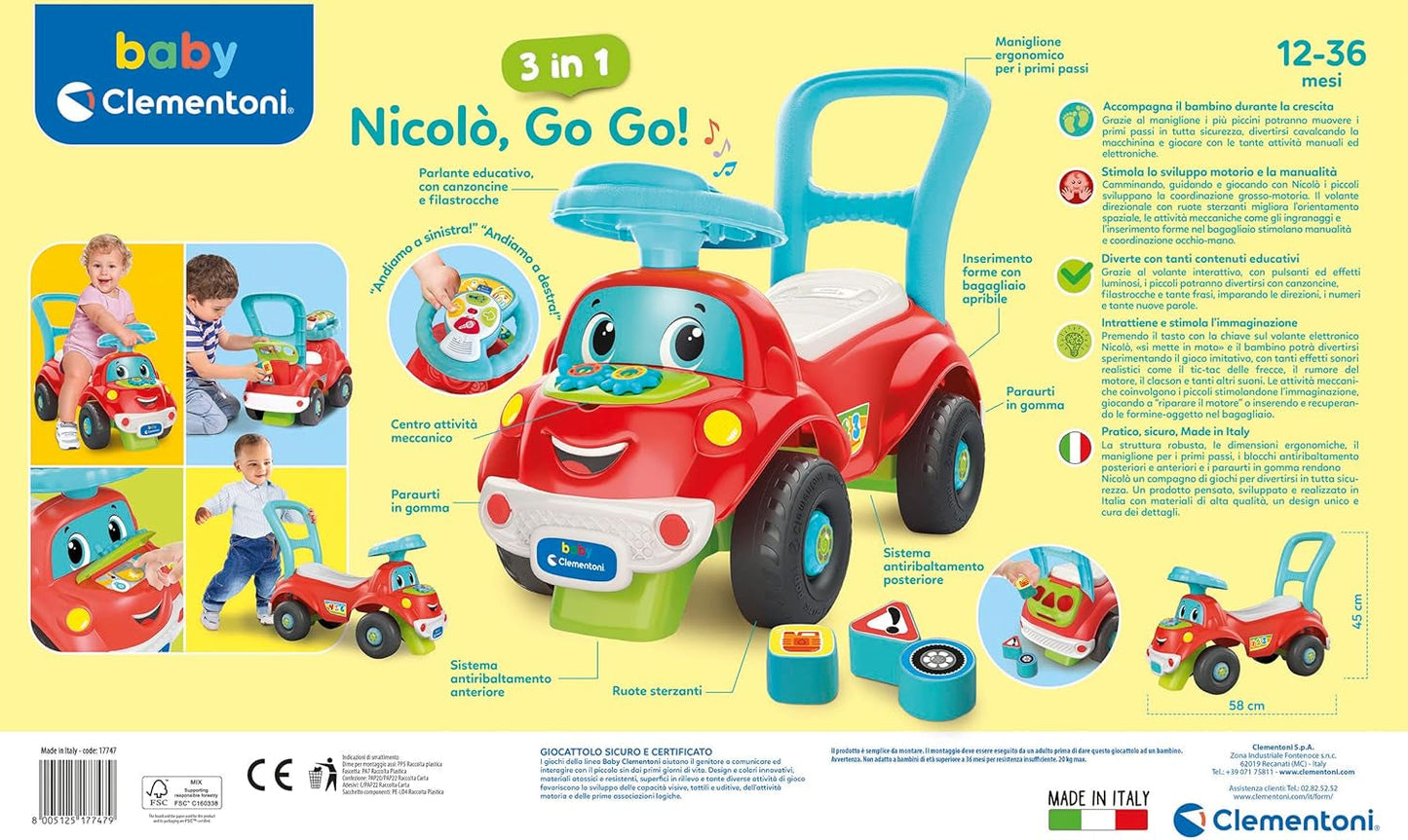 Clementoni - 17747 - Nicolò Go Go 3 i 1 - Kørebil, elektronisk læringshøjttaler, første trin, lys og lyde, spil til 1-årige - Made in Italy Bebe Toys Naty Shop