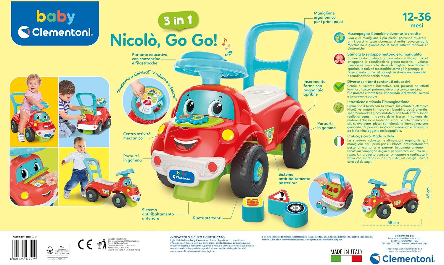 Clementoni - 17747 - Nicolò Go Go 3 i 1 - Kørebil, elektronisk læringshøjttaler, første trin, lys og lyde, spil til 1-årige - Made in Italy Bebe Toys Naty Shop