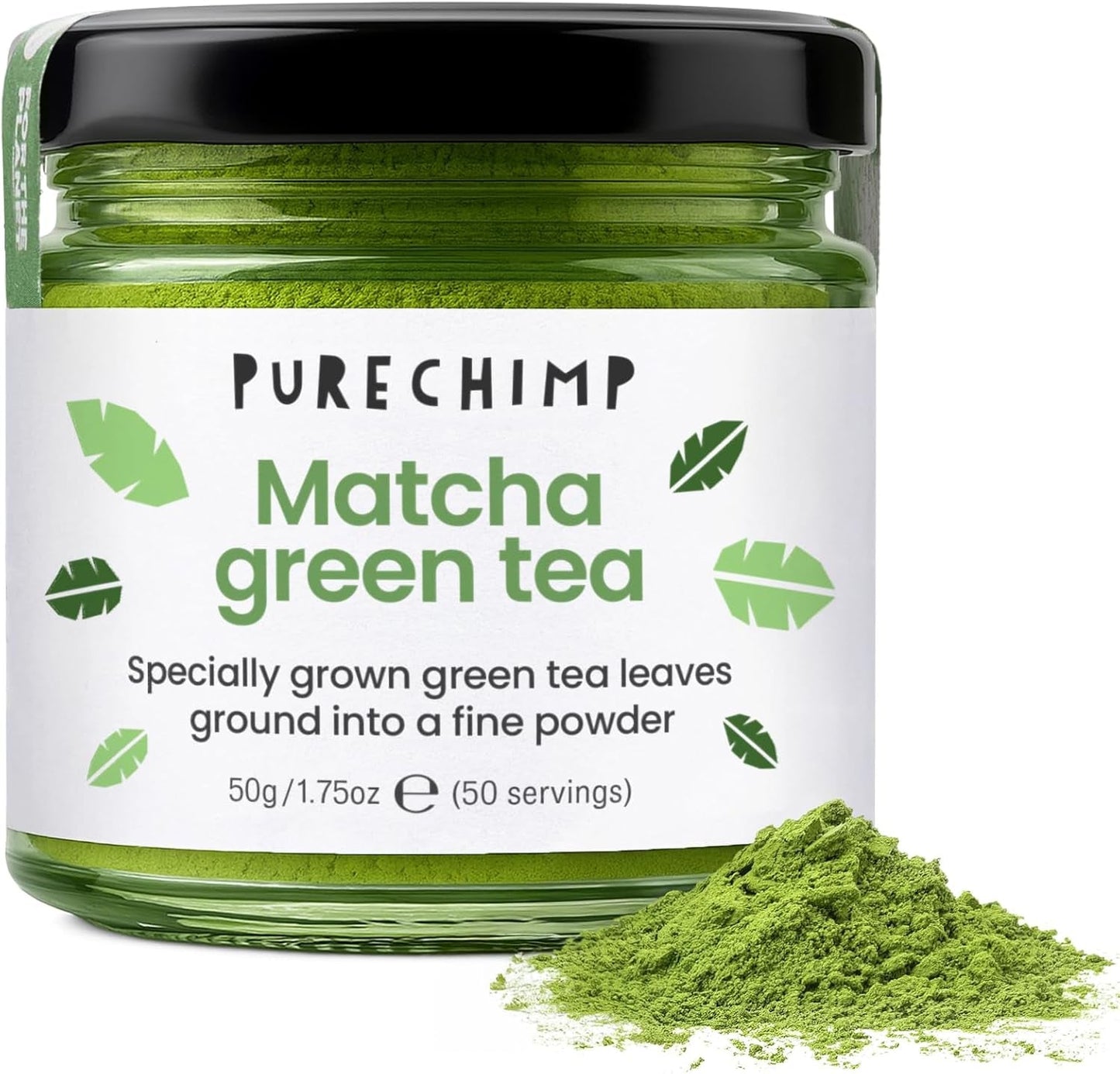 Purechimp Matcha-pulver af ceremoniel kvalitet 50 g. 100% ren skyggedyrket tepulver til lattes, infusioner og opskrifter. Genanvendelig krukke. Rig på antioxidanter.