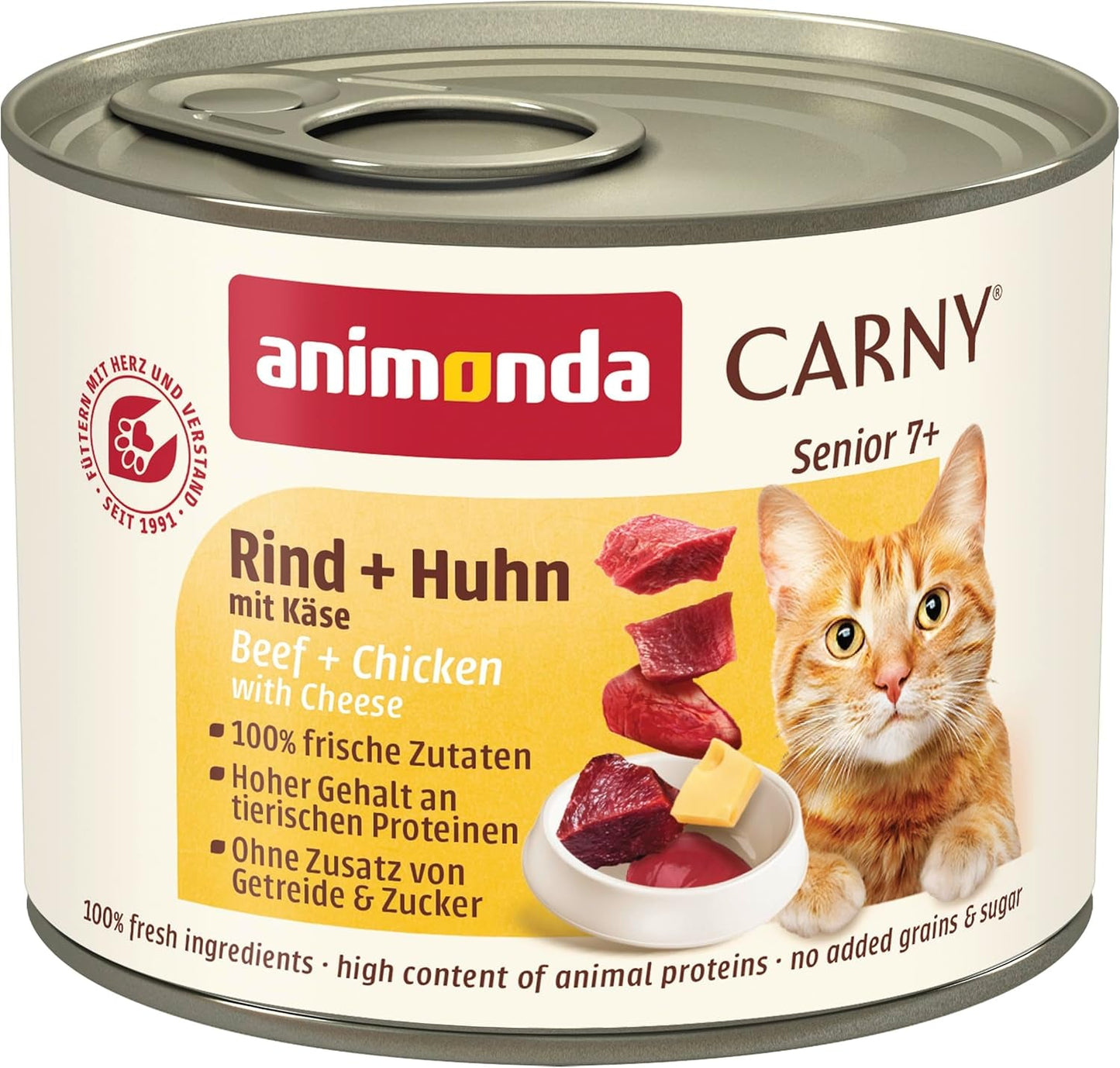 Animonda Carny Senior Vådfoder til katte med oksekød + kylling + ost (6 x 200 g), kornfrit og sukkerfrit vådfoder til katte fra 7 år og ældre, med friske og kødfulde ingredienser