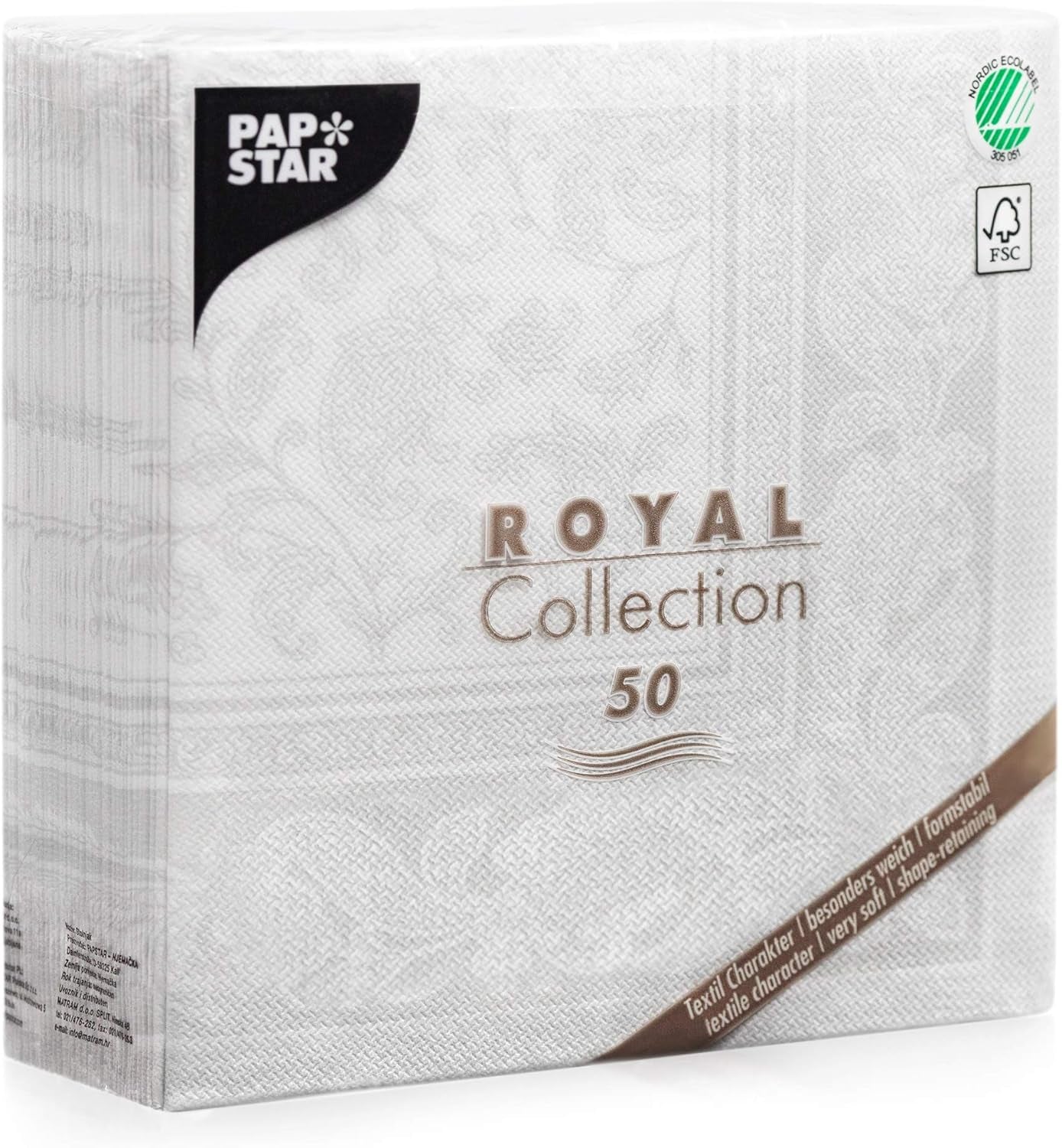 Papstar 11682 50 servietter "Royal Collection" 1/4 fold 40 X 40 cm "Ornaments", hvid