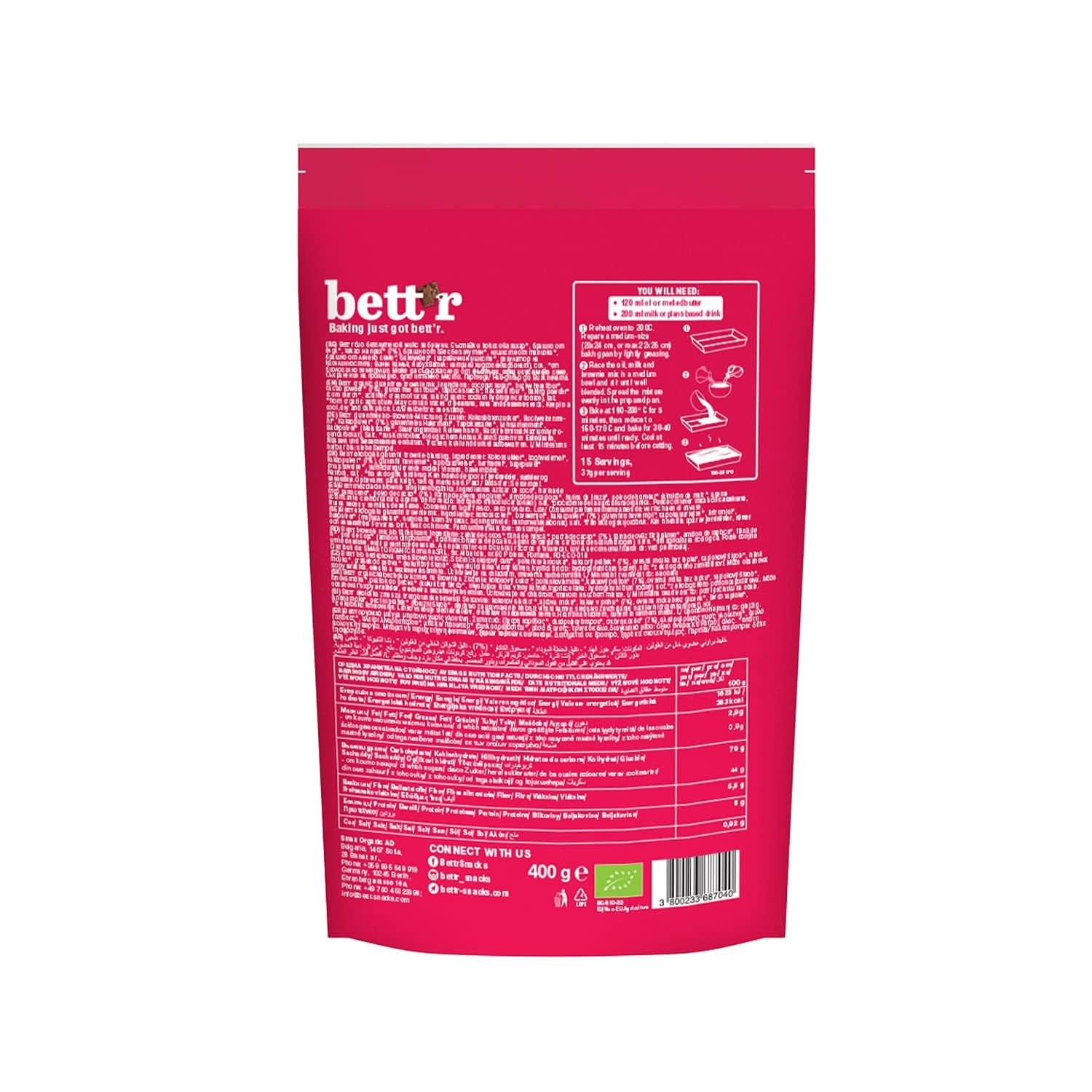 Bettr Organic Brownie Mix - Økologiske, veganske og glutenfri brownies med rig kakaosmag, 6 x 400 gram Kitchen Naty Shop