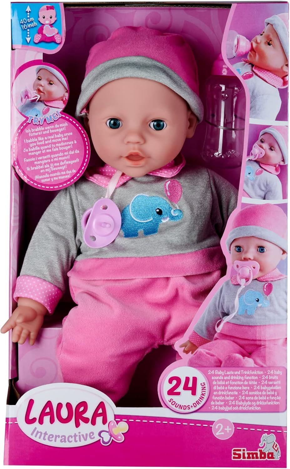 Simba 105140066 - Laura Interaktiv, blød dukke med søvnige øjne, pludrer ved bevægelse, drikker fra flaske og sover, 40 cm, dukke fra 2 år Naty Shop Dolls Standardtitel