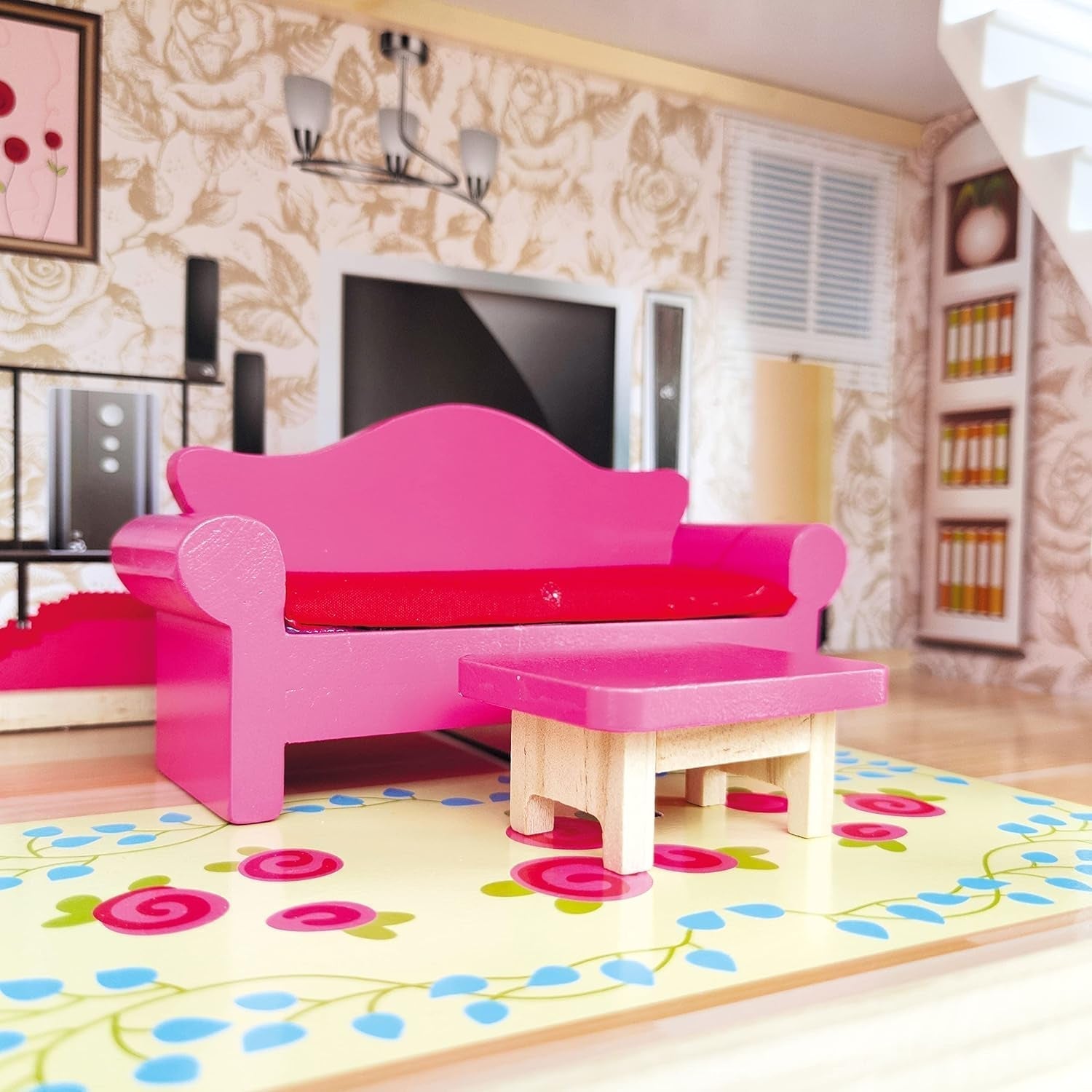 Bino World of Toys Dukkehus med altan, Legetøj til småbørn fra 3 år, med 3 etager, trapper, 4 værelser og altan inkl. 15-TLG. Tilbehør, For at fremme børns færdigheder, Pink design Naty Shop dukkehuse