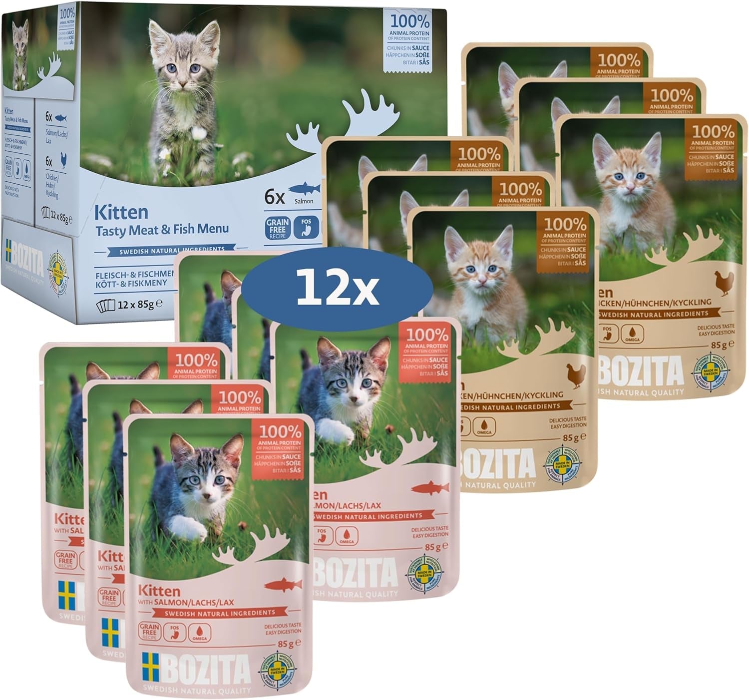 Bozita Nassfutter Häppchen i Sauce med Fisch und Fleisch - 12x85g Portionsbeutel GetreideFreies & Weizenfreies Futter für Katzen - Katzennassfutter for Adult-Katzen med 8,5% Protein & 4,5% Fedgehalt