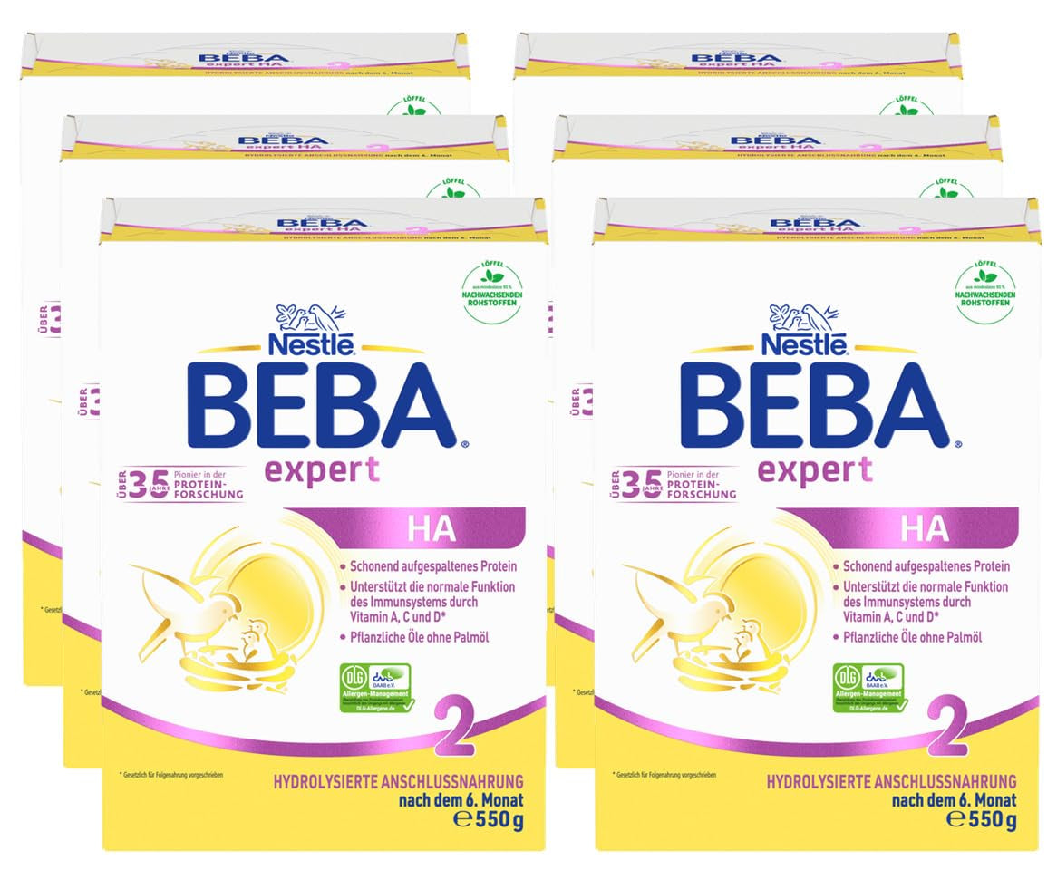 BEBA Expert HA 2 Tilskudsmælk efter 6 måneder, babymad med hydrolyseret protein, kun laktose, palmeoliefri, 6 stk. (6 x 550 g) Naty Shop