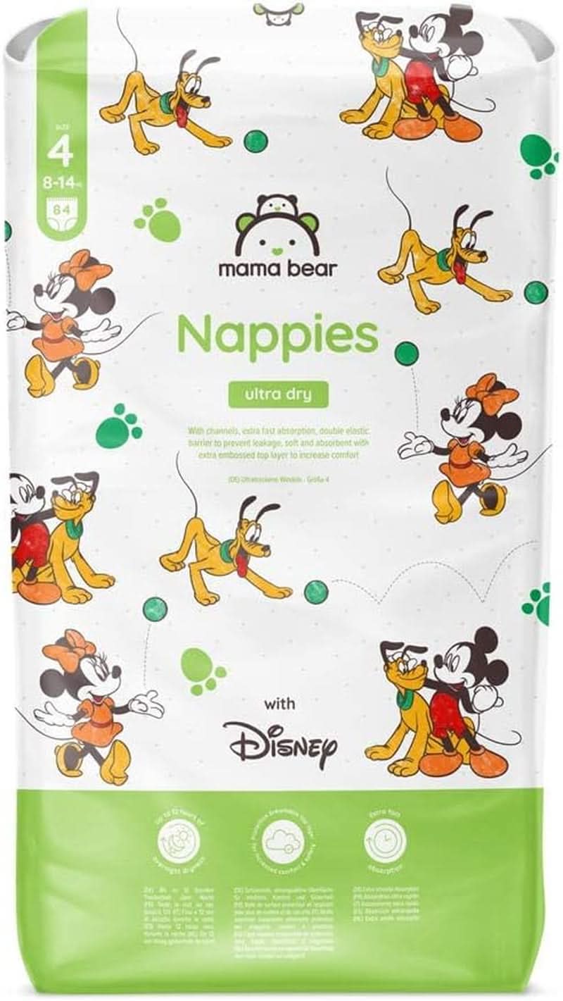 Mama Bear Disney Ultra Dry bleer størrelse 4 (8-14 kg), hvid, 84 stykker (1 pakke) Naty Shop størrelse 4 (8-14 kg) Enkelt pakke