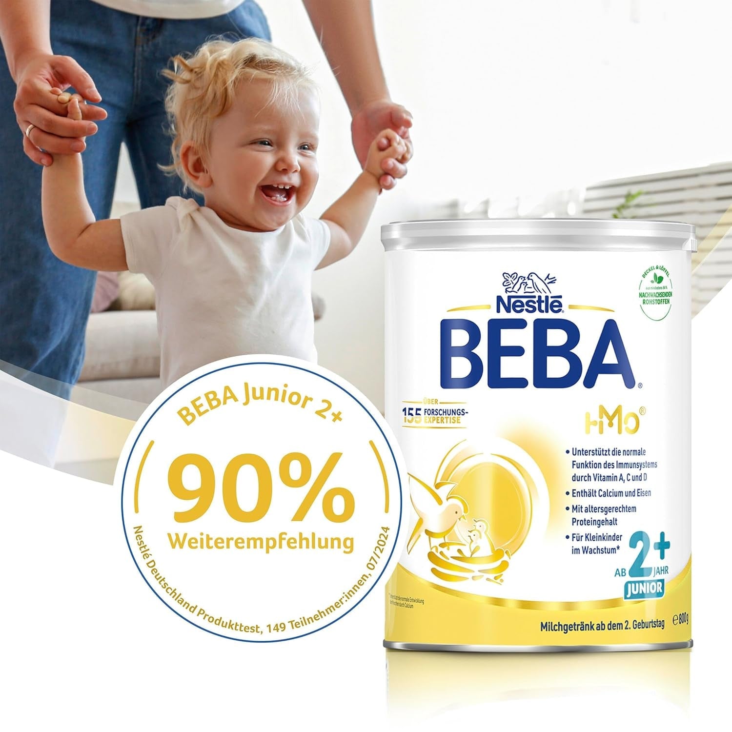 BEBA Junior 2+ mælkedrik fra 2 år, med HMO, alderssvarende proteinindhold, kun laktose, ingen palmeolie, ingen fiskeolie, småbørnsmad, babymælkpulver, pakke med 6 (6 x 800 g)
