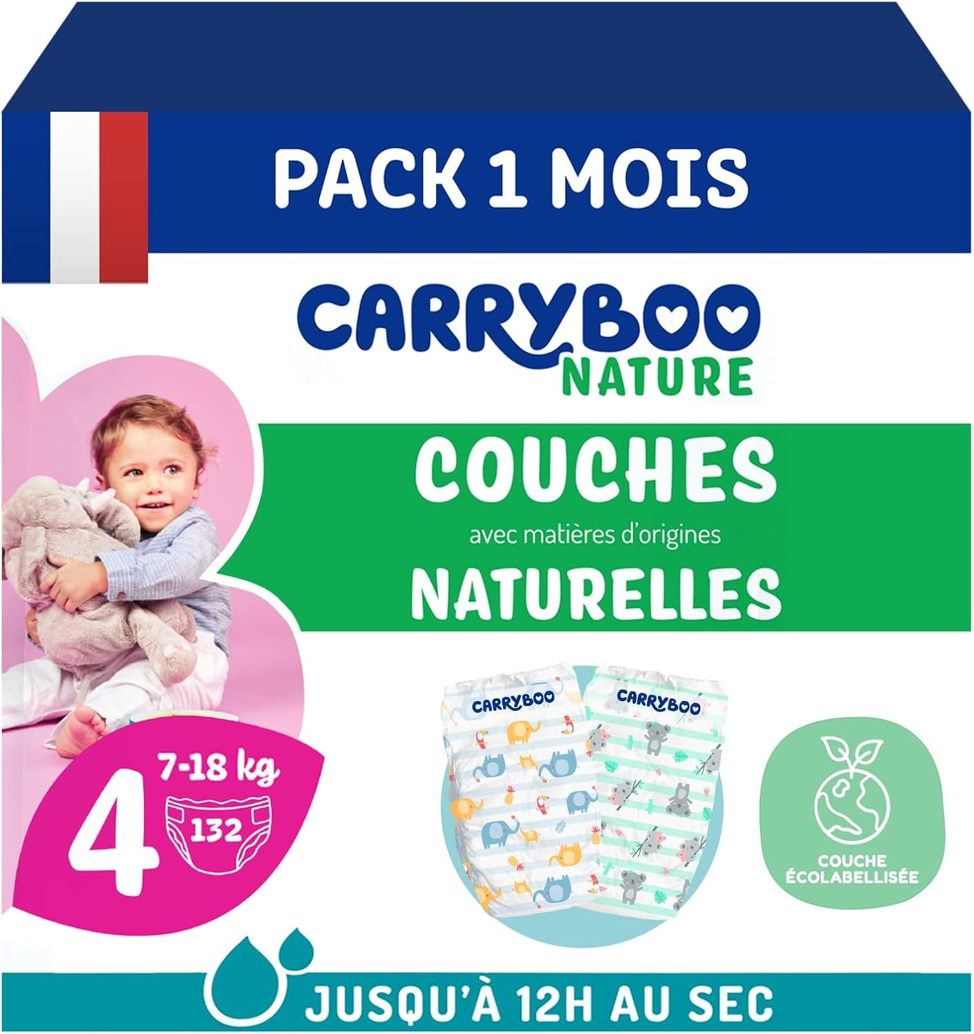 - Ble størrelse 4 (7 – 18 kg) – til følsom hud – naturlig og meget absorberende – 12 timers lækagesikker – ohne unerwünschte Inhaltsstoffe – fremstillet i Frankrig – 132 bleer