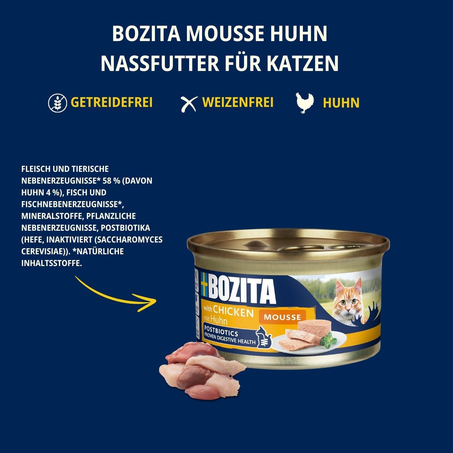 Bozita Mousse Kylling - 12 x 85 g våd kattefoder med en fin konsistens af mousse og kylling - kornfri opskrift, uden tilsat sukker - med postbiotika for at understøtte en sund tarmflora