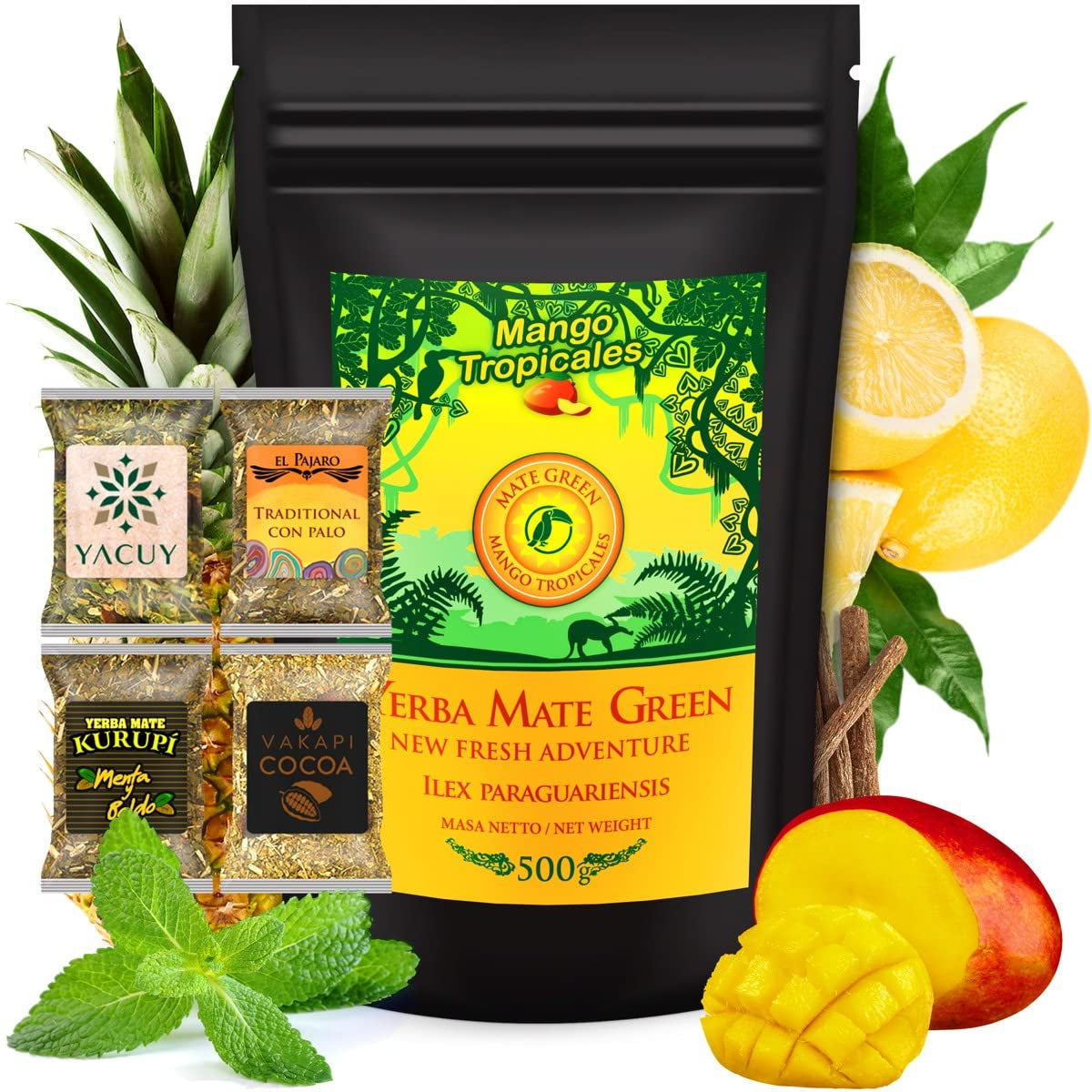 Yerba Mate tesæt ● Mango Tropicales Mate te 500G ● Mate tesæt 4X25G ● Mate te med frugt ● Yerba Mate te med mango, ananas, citron