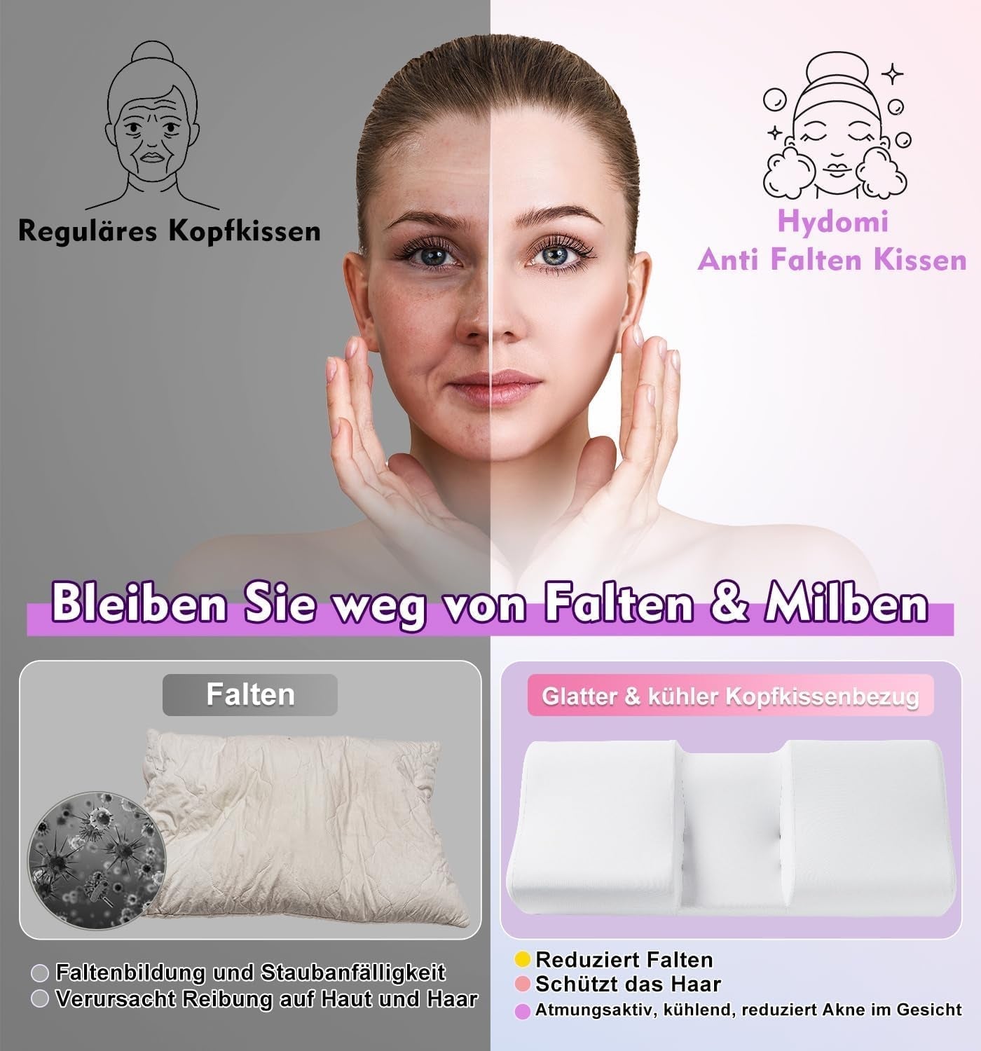 Hydomi Anti-Rynkepude 2-i-1 Anti-Aging skønhedspude Ortopædisk nakkestøttepude Nakke- og skuldersmerter Hukommelsesskumpude til at holde dit hoved lige Cervikale ortopædiske puder Naty Shop