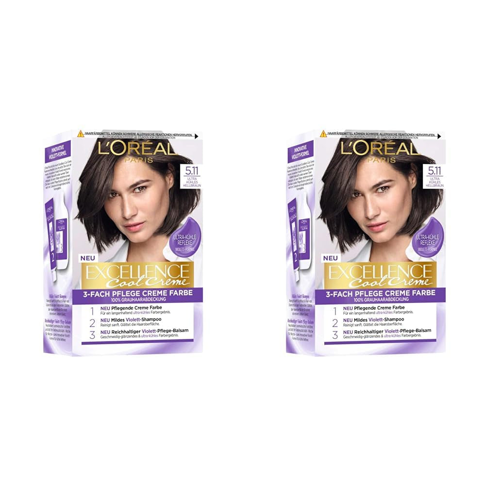 L'Oréal Paris Permanent hårfarve med ultra cool farveresultat, 100% dækning af gråt hår, sat med farvestof, shampoo og plejecreme, Excellence Cool, no. 5.11 Lysebrun (brun) (pakke med 2) Naty Shop Hair Dye Standardtitel
