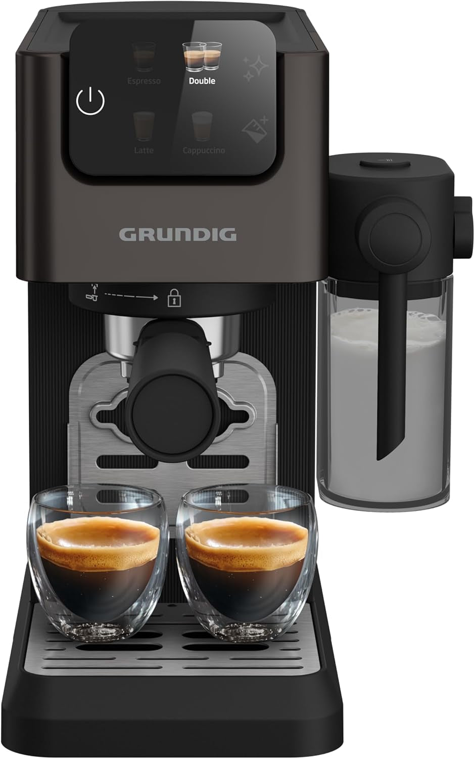 Portafilter espressomaskine GRUNDIG KSM 5330 med integreret mælkebeholder, effekt 1628 W, pumpetryk 15 bar, dobbelt mundstykke, farvetouchdisplay, BrewSense, CreamyPro, Mørk rustfrit stål/Sort