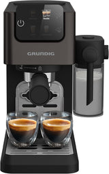 Portafilter espressomaskine GRUNDIG KSM 5330 med integreret mælkebeholder, effekt 1628 W, pumpetryk 15 bar, dobbelt mundstykke, farvetouchdisplay, BrewSense, CreamyPro, Mørk rustfrit stål/Sort
