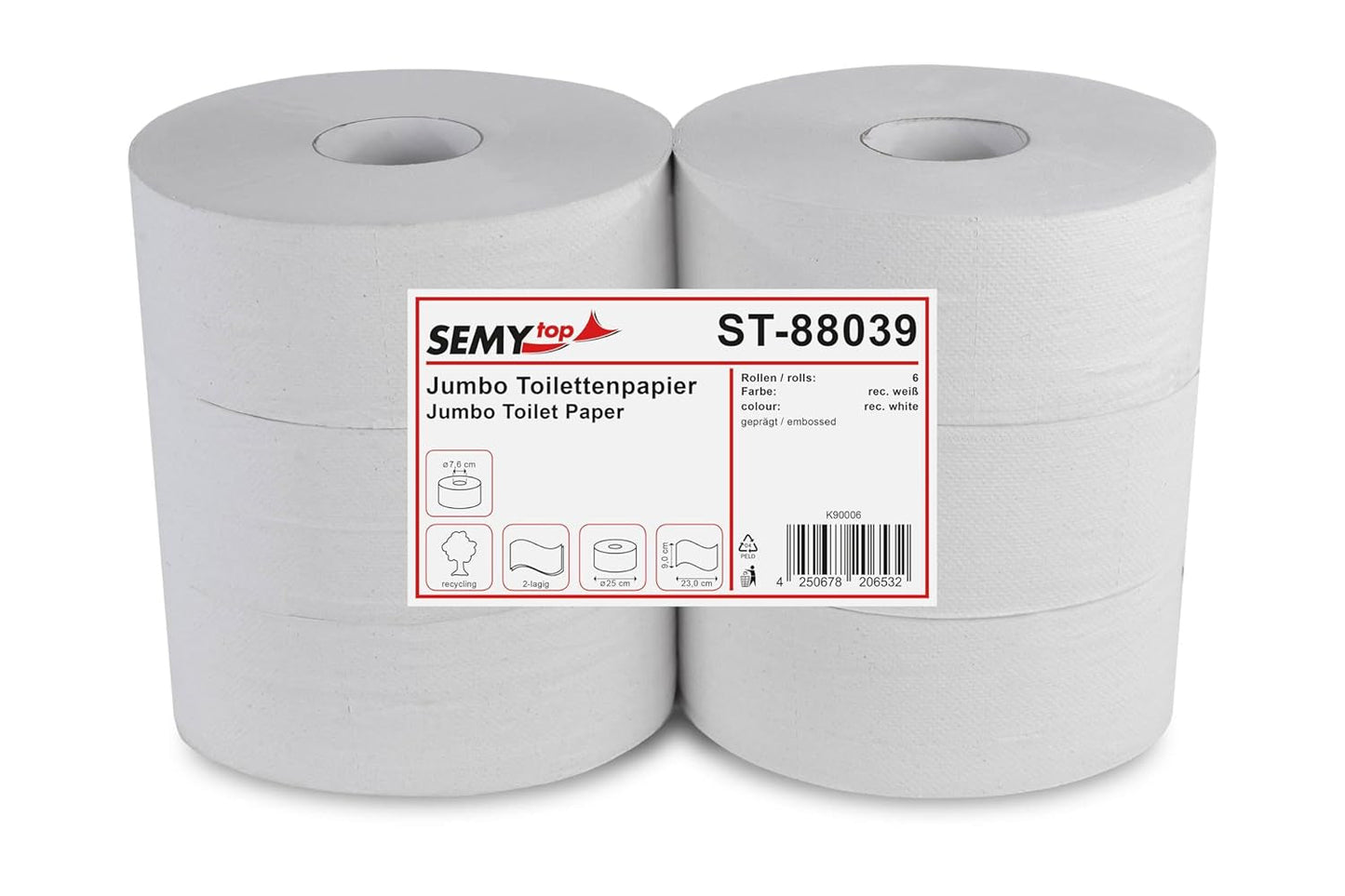 Semi Top ST-88039 Jumbo toiletpapir, 2-lags, genanvendt, 25 cm diameter (pakke med 6)