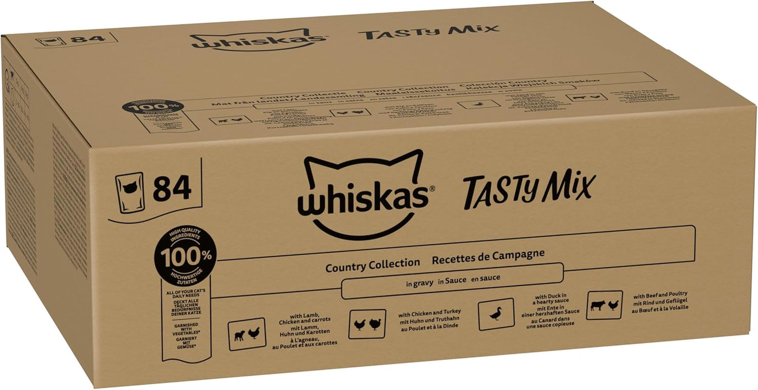 Whiskas Vådfoder til voksne 1+ Tasty Mix Country Collection i Sauce, 84 poser, 84 x 85 g (1 Bulk Pack) - Højkvalitets vådfoder til voksne katte